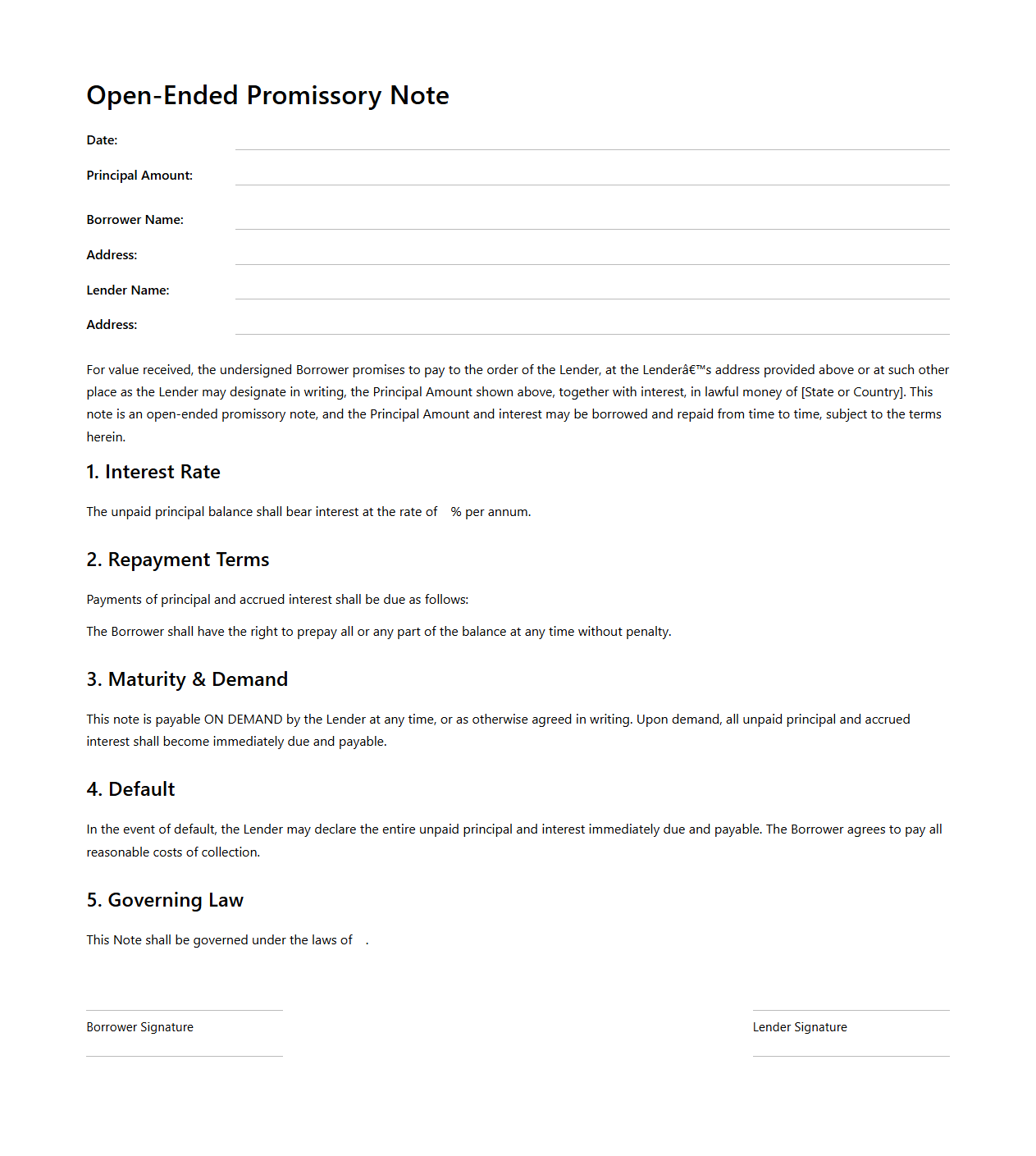 Open-Ended Promissory Note for Flexible Repayment