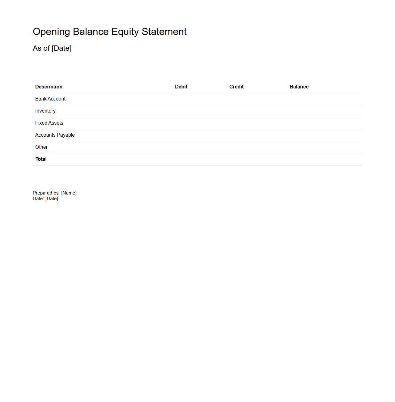 Opening Balance Equity Statement Template