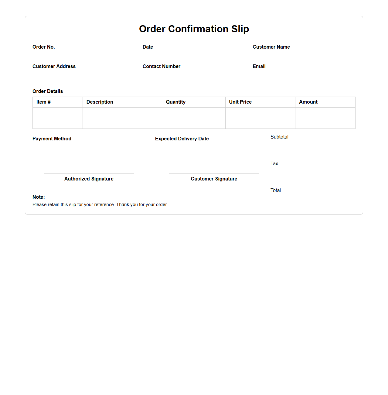 Order Confirmation Slip Format
