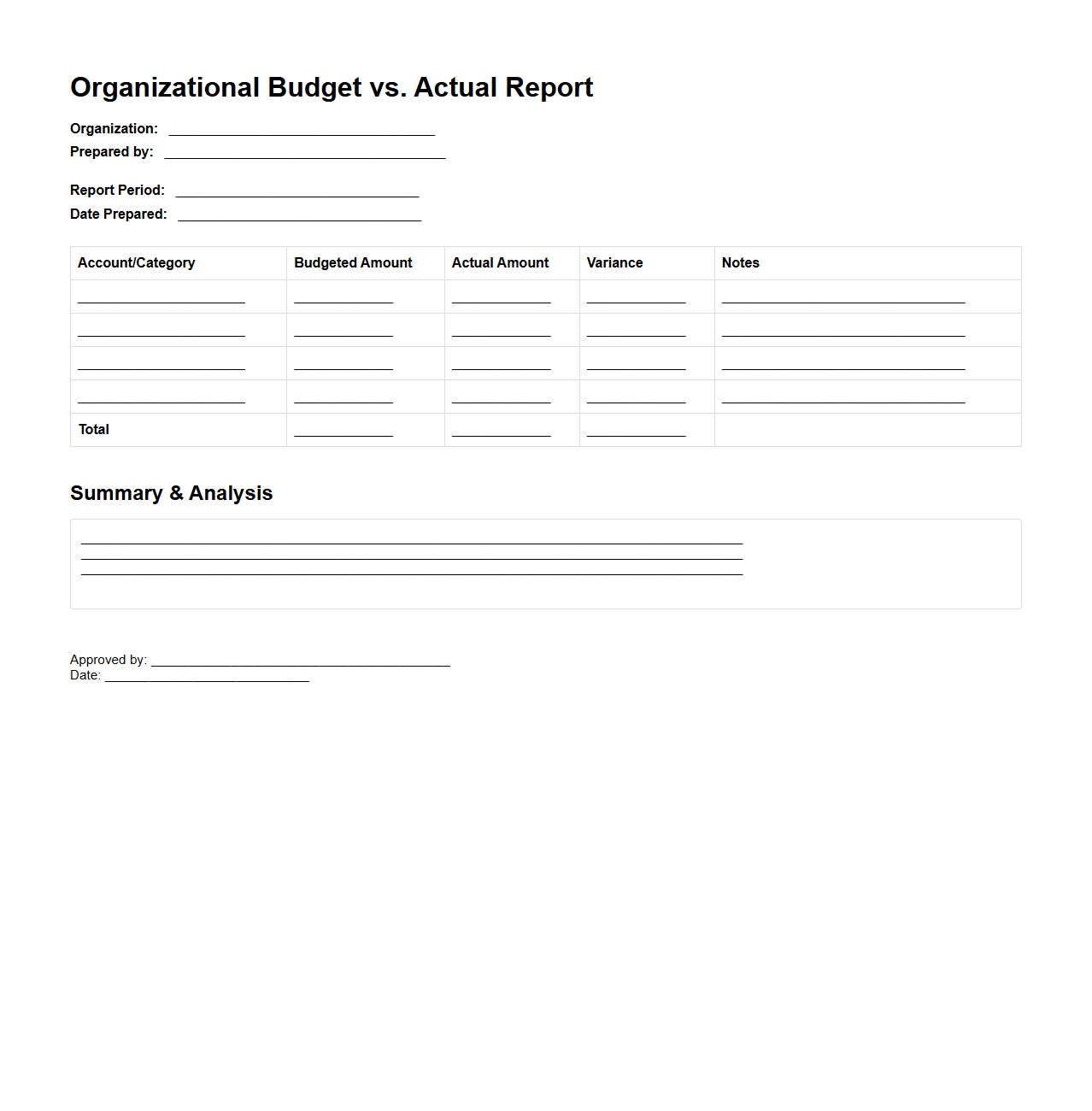 Organizational Budget vs. Actual Report Template
