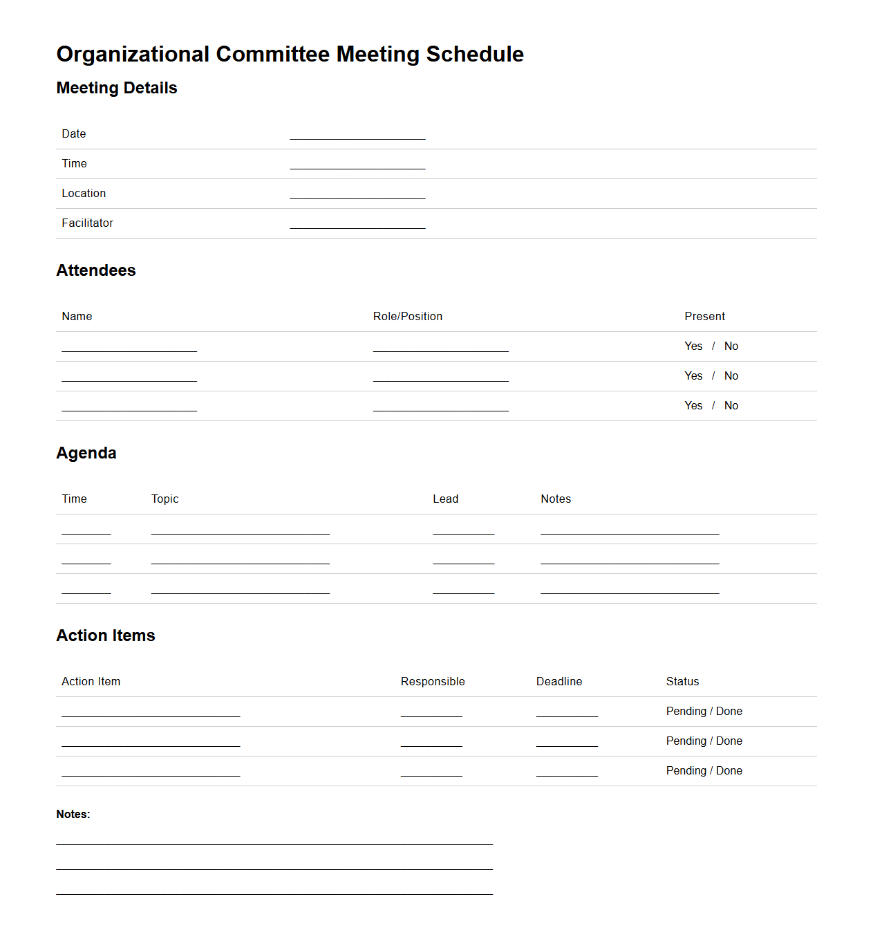 Organizational Committee Meeting Schedule Template