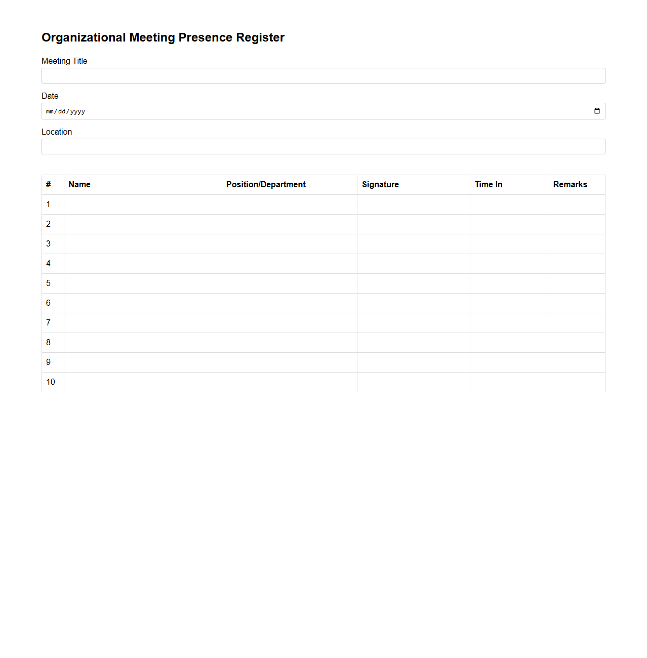 Organizational Meeting Presence Register