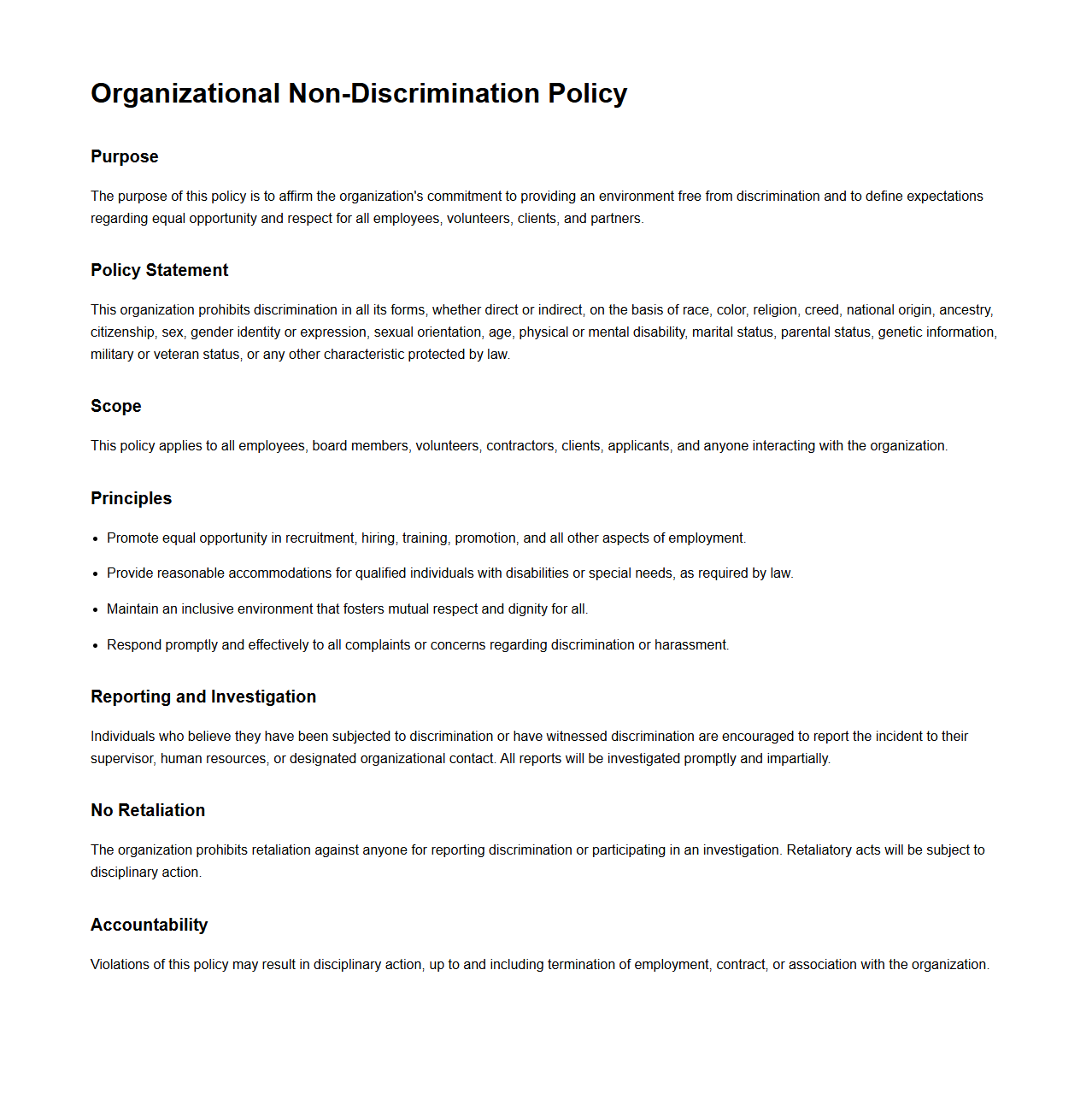 Organizational Non-Discrimination Policy Model