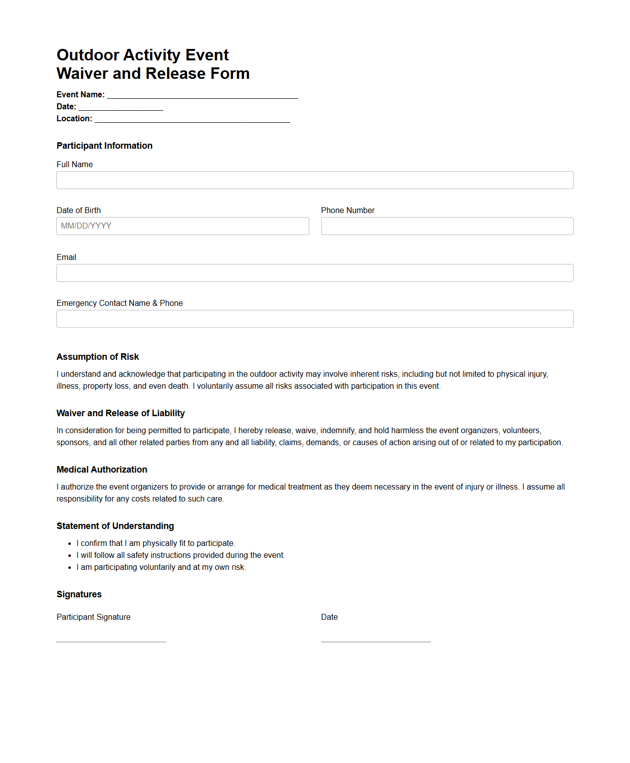 Outdoor Activity Event Waiver and Release Form