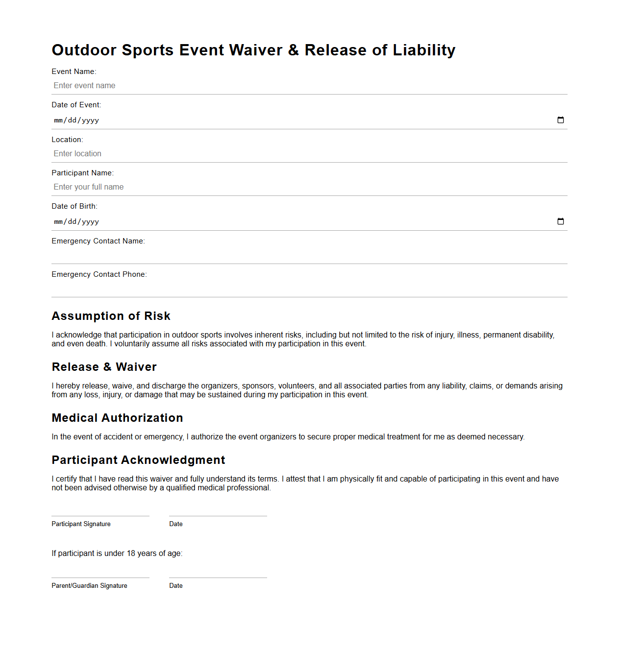 Outdoor Sports Event Waiver Template