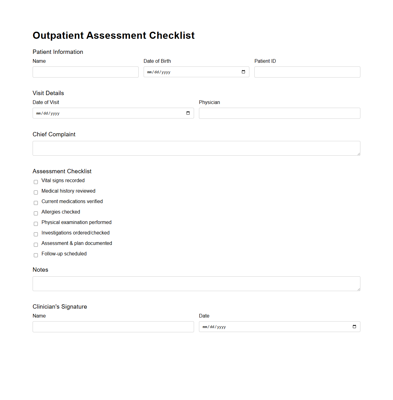 Outpatient Assessment Checklist Template