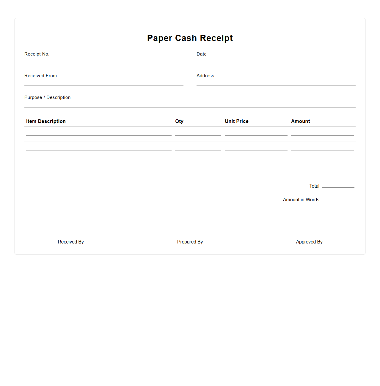 Paper Cash Receipt Template for Local Purchases