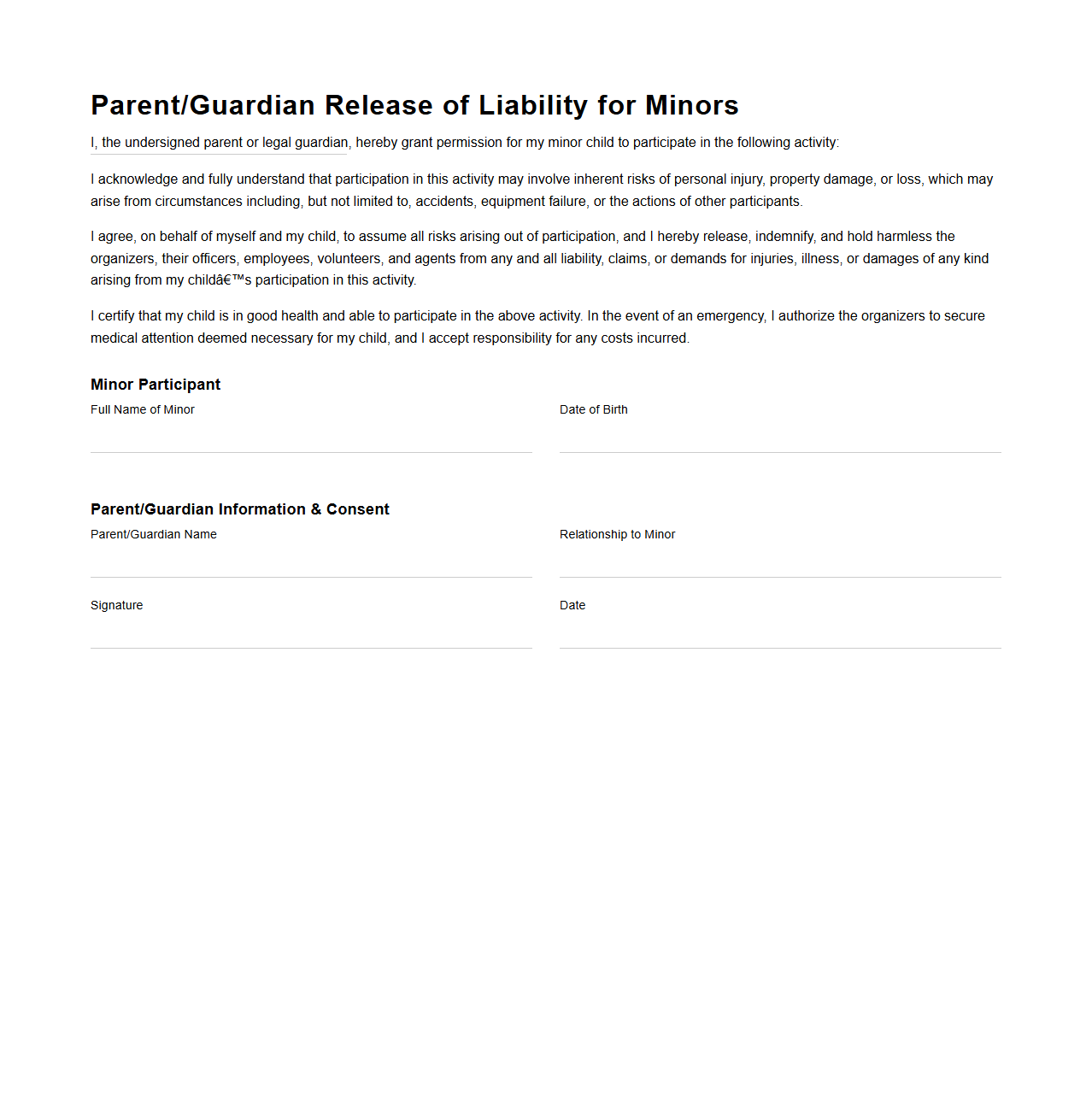 Parent-Guardian Release of Liability for Minors