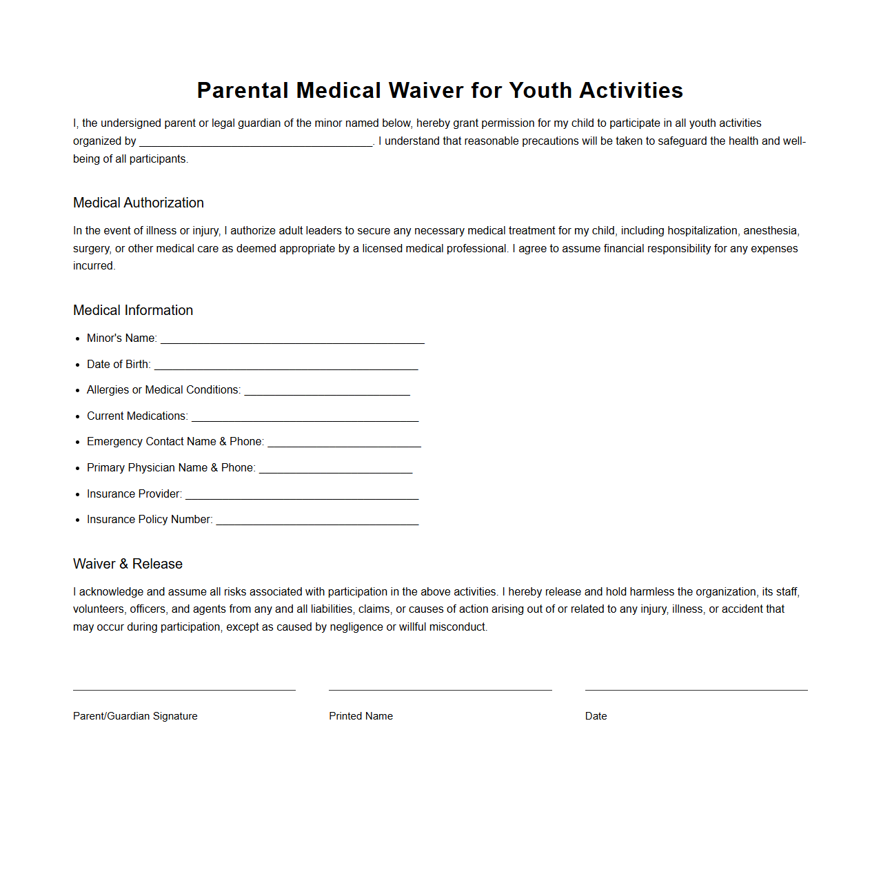 Parental Medical Waiver for Youth Activities