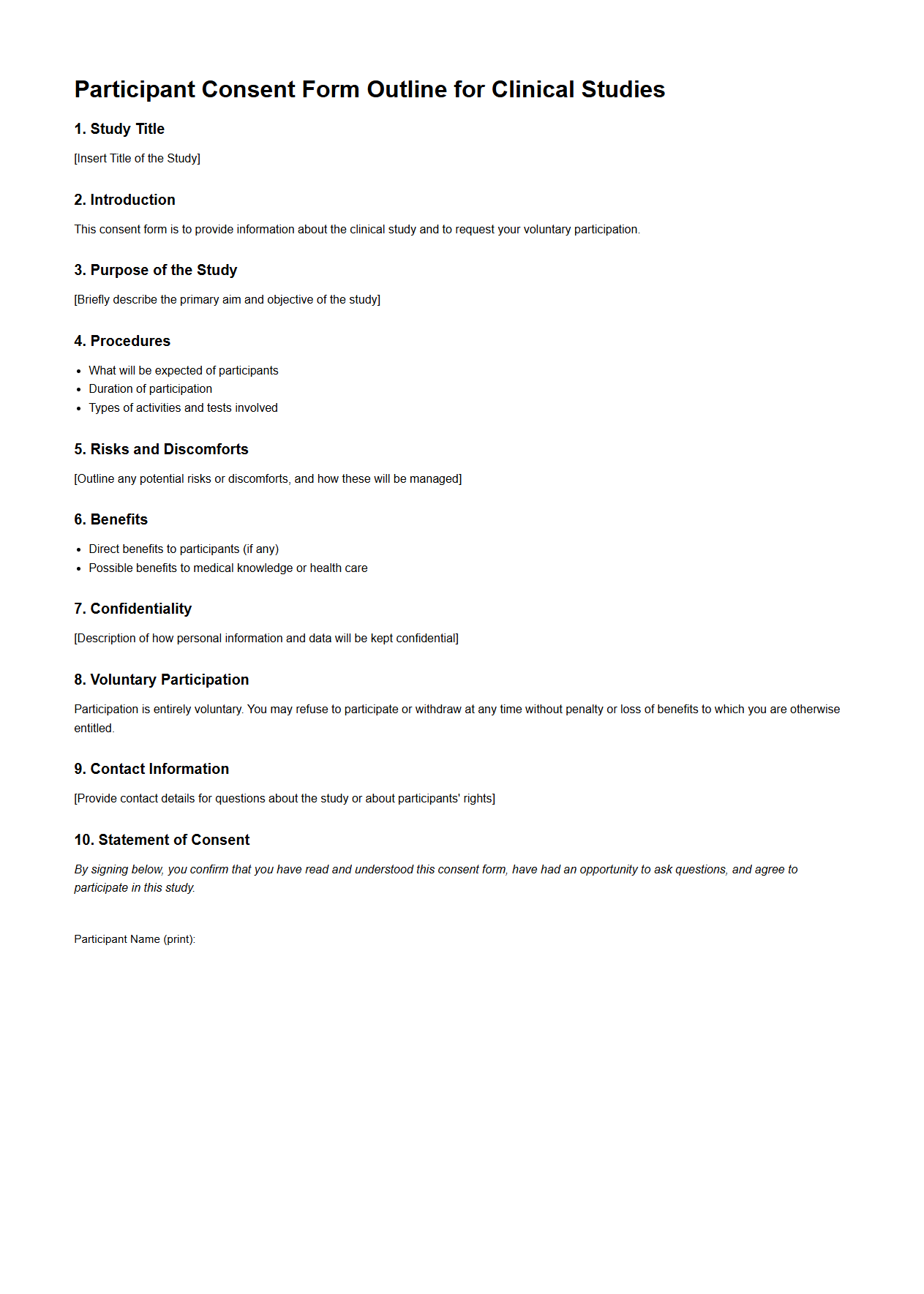 Participant Consent Form Outline for Clinical Studies