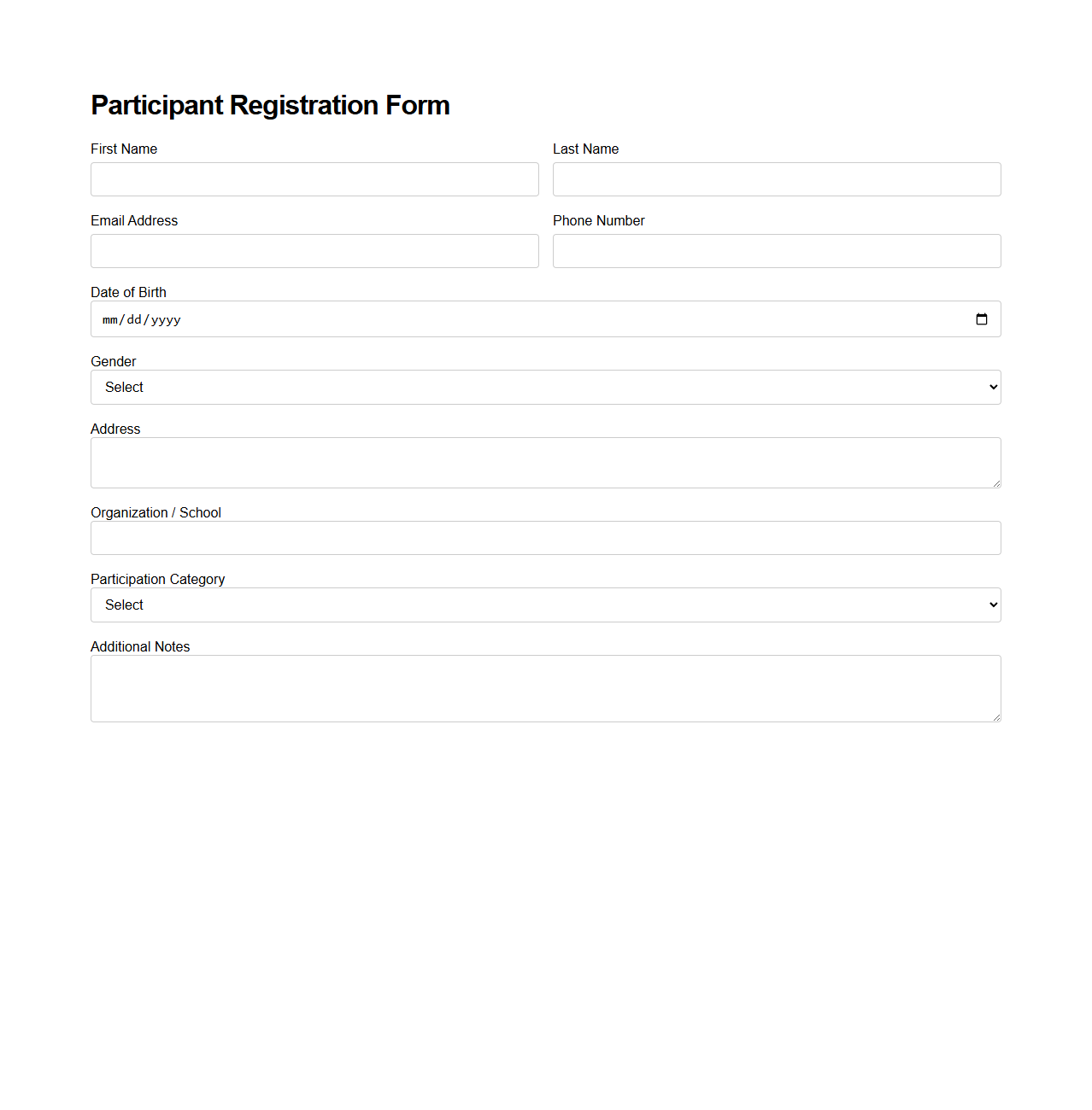 Participant Registration Form Template