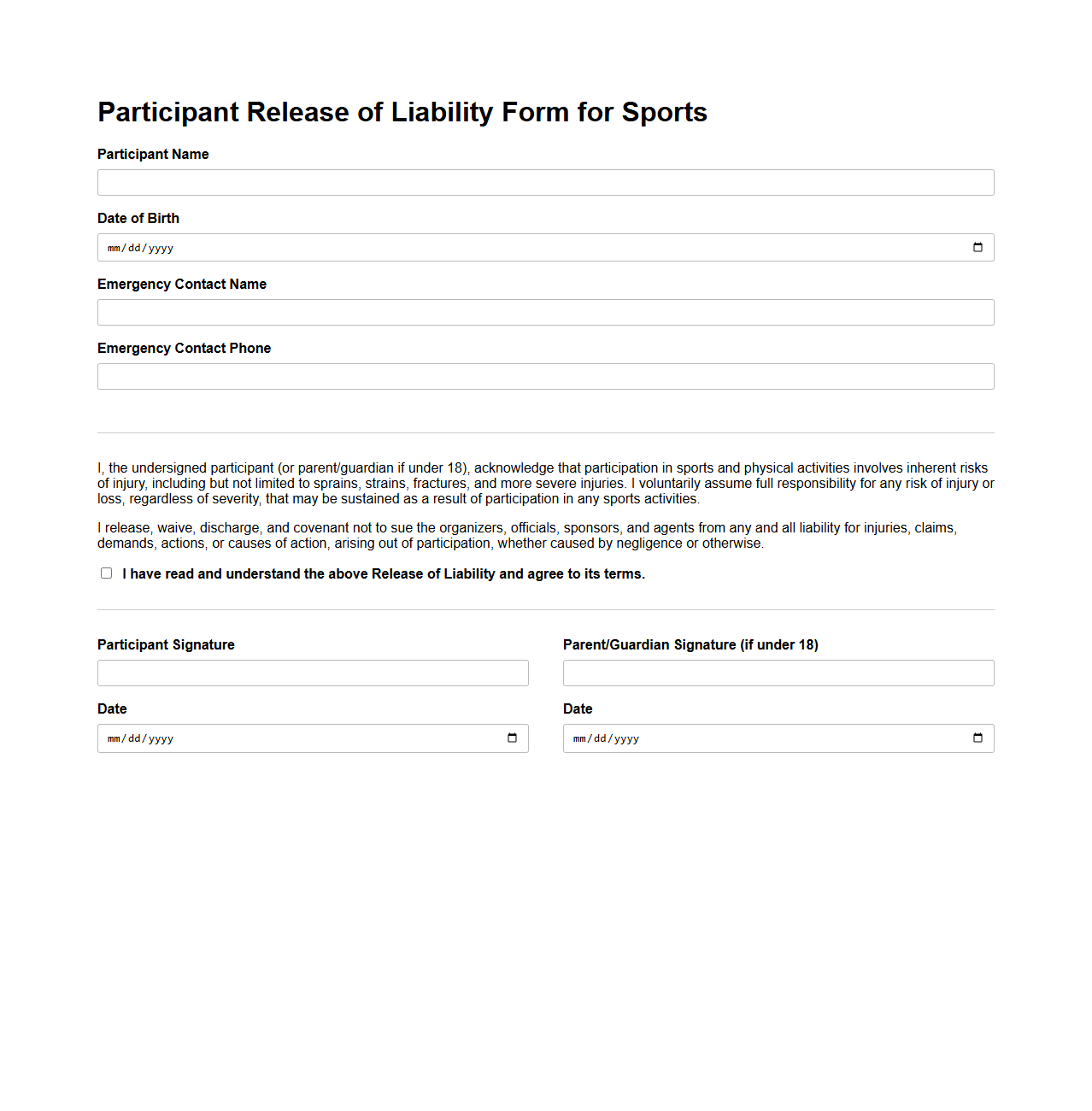 Participant Release of Liability Form for Sports