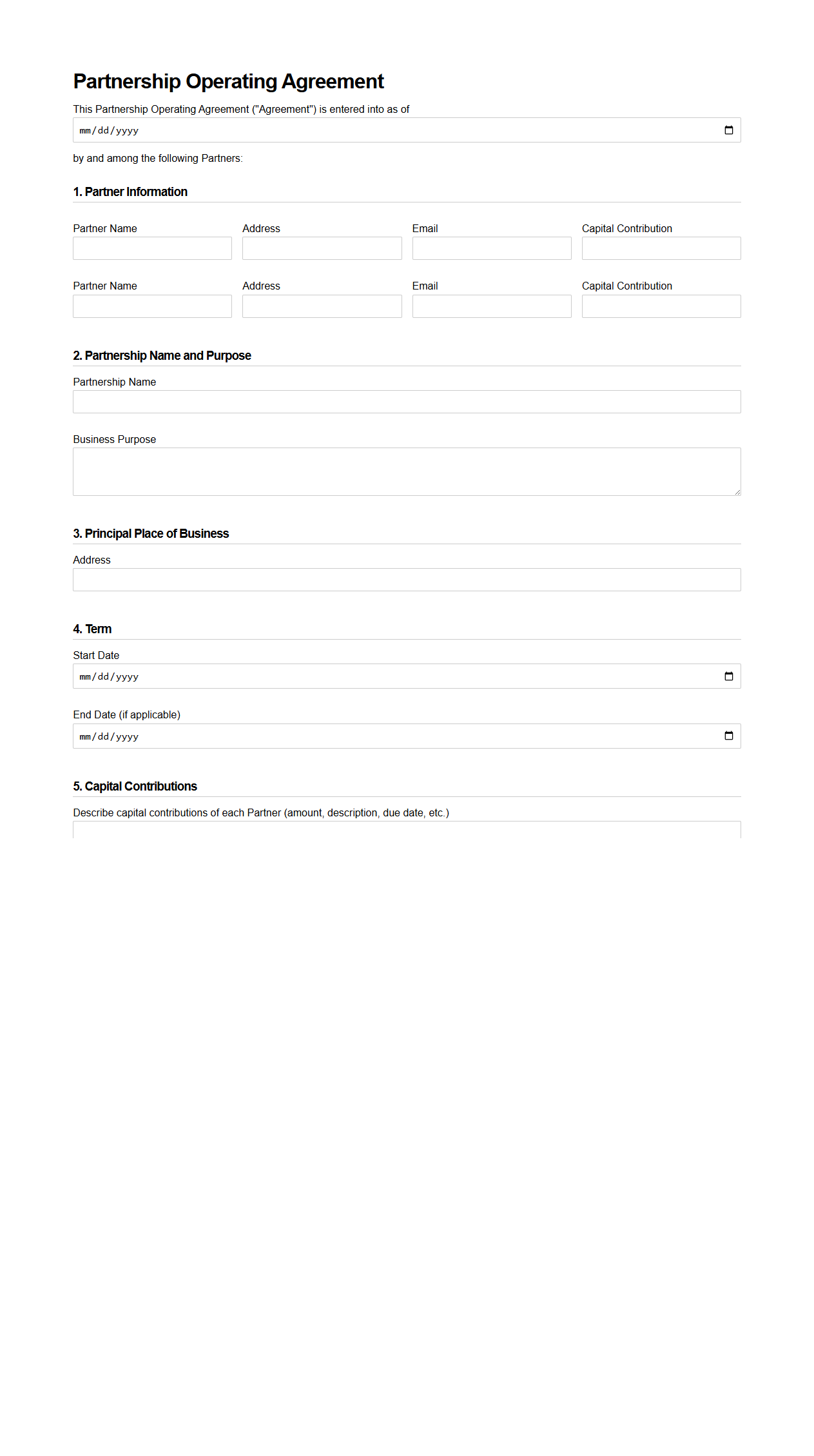 Partnership Operating Agreement Form