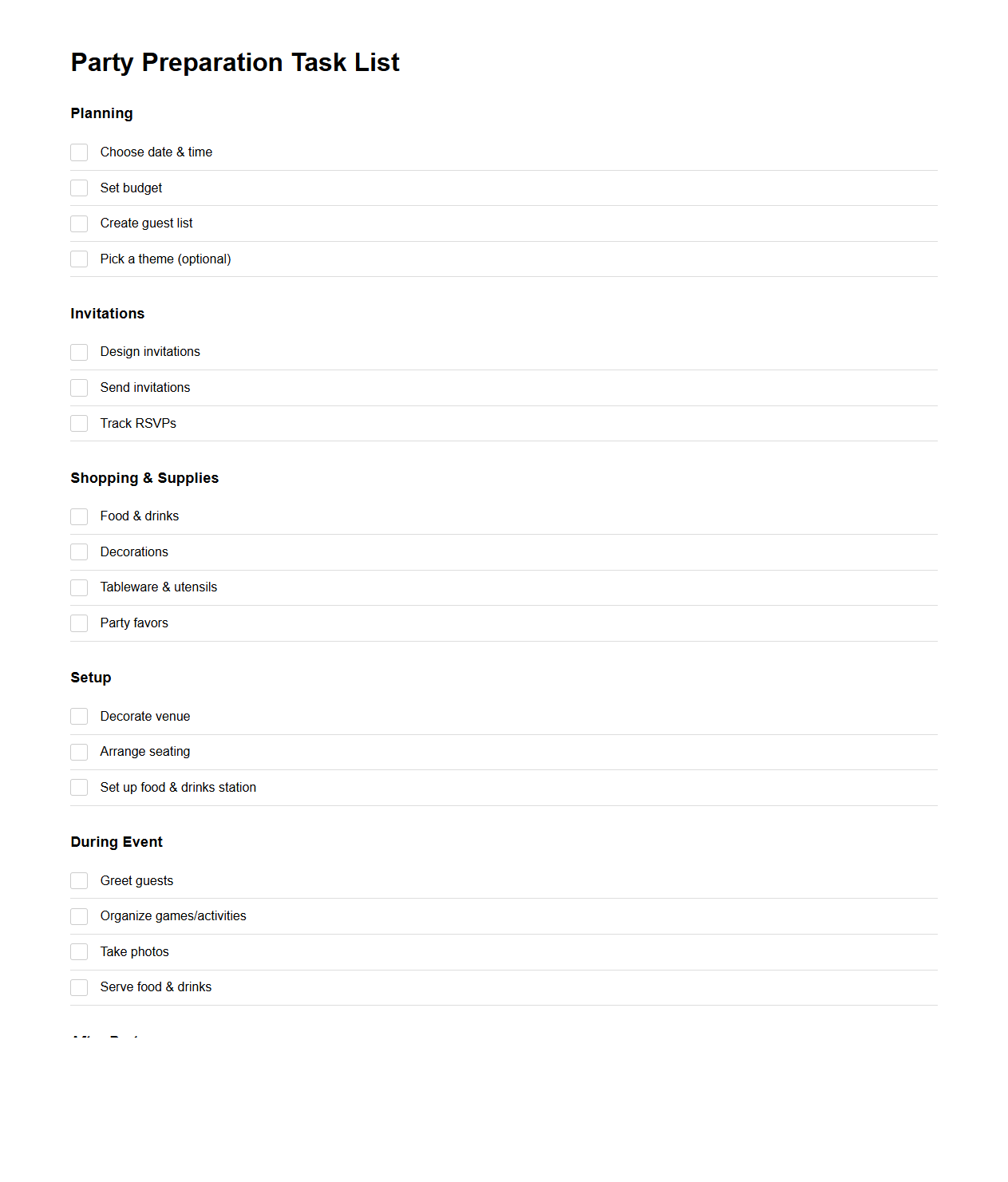 Party Preparation Task List