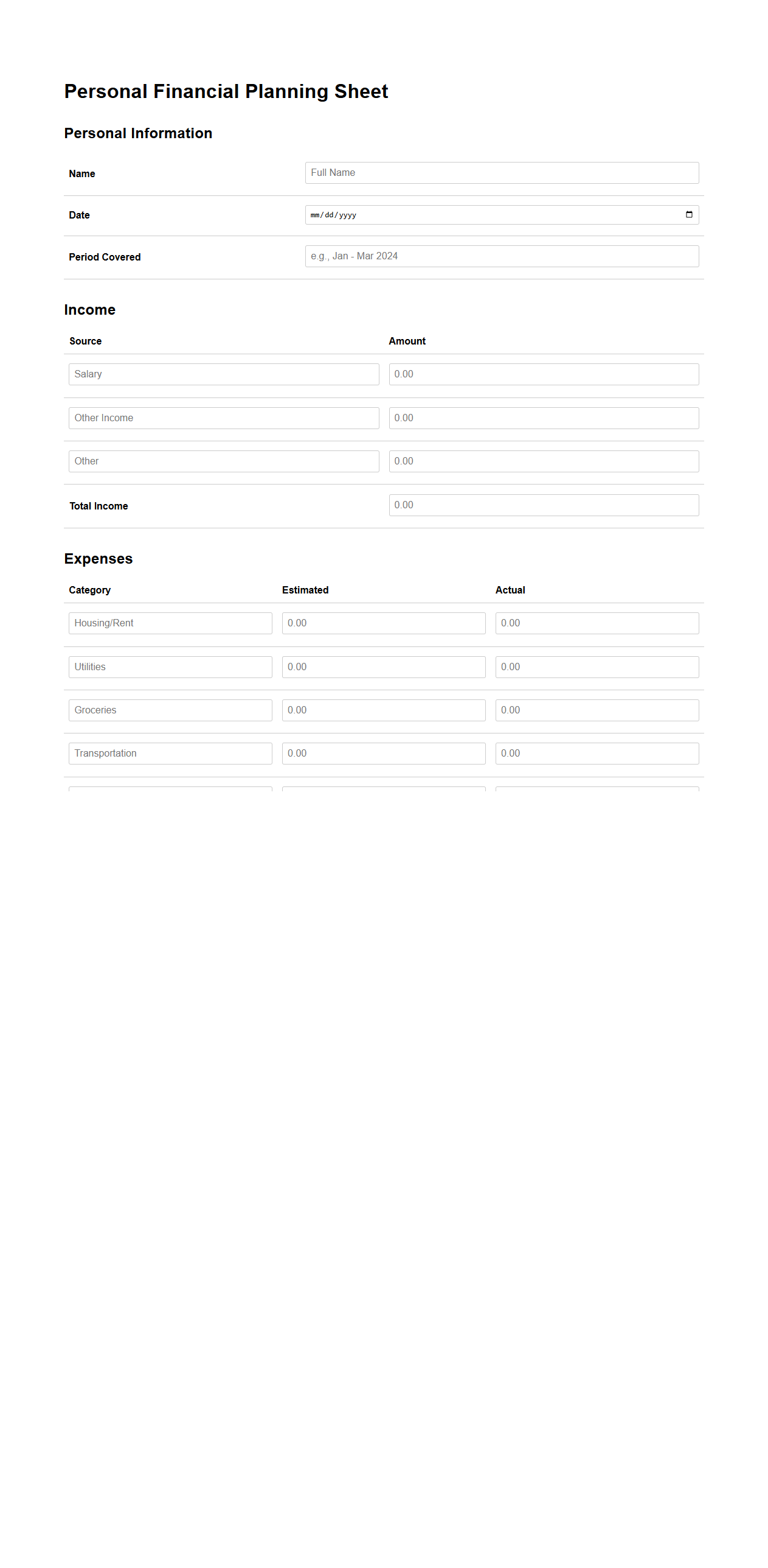 Personal Financial Planning Sheet Template