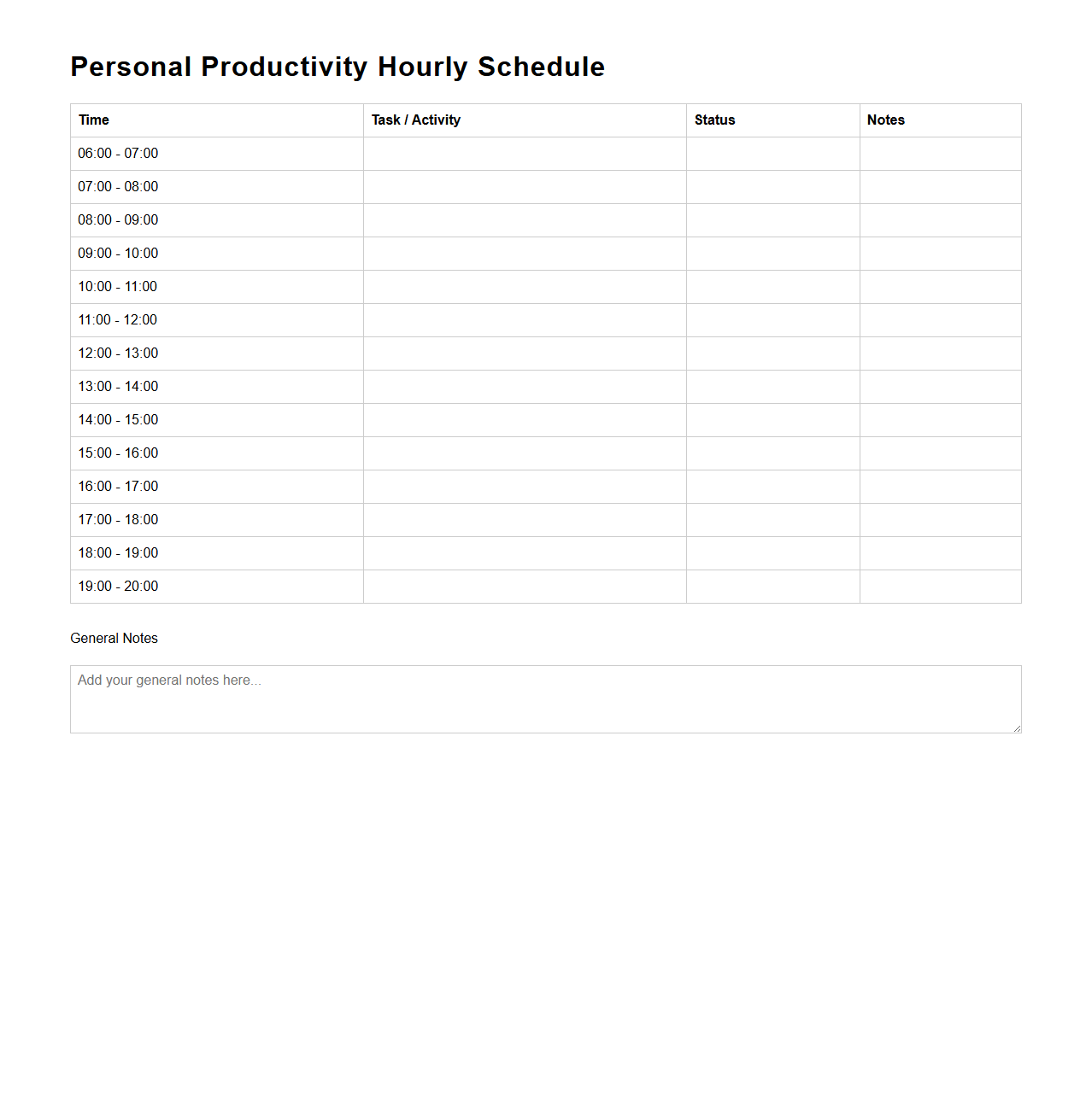 Personal Productivity Hourly Schedule Format