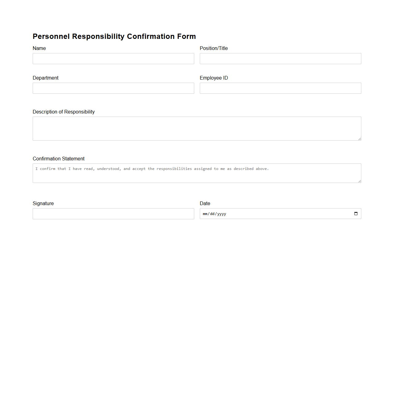 Personnel Responsibility Confirmation Form