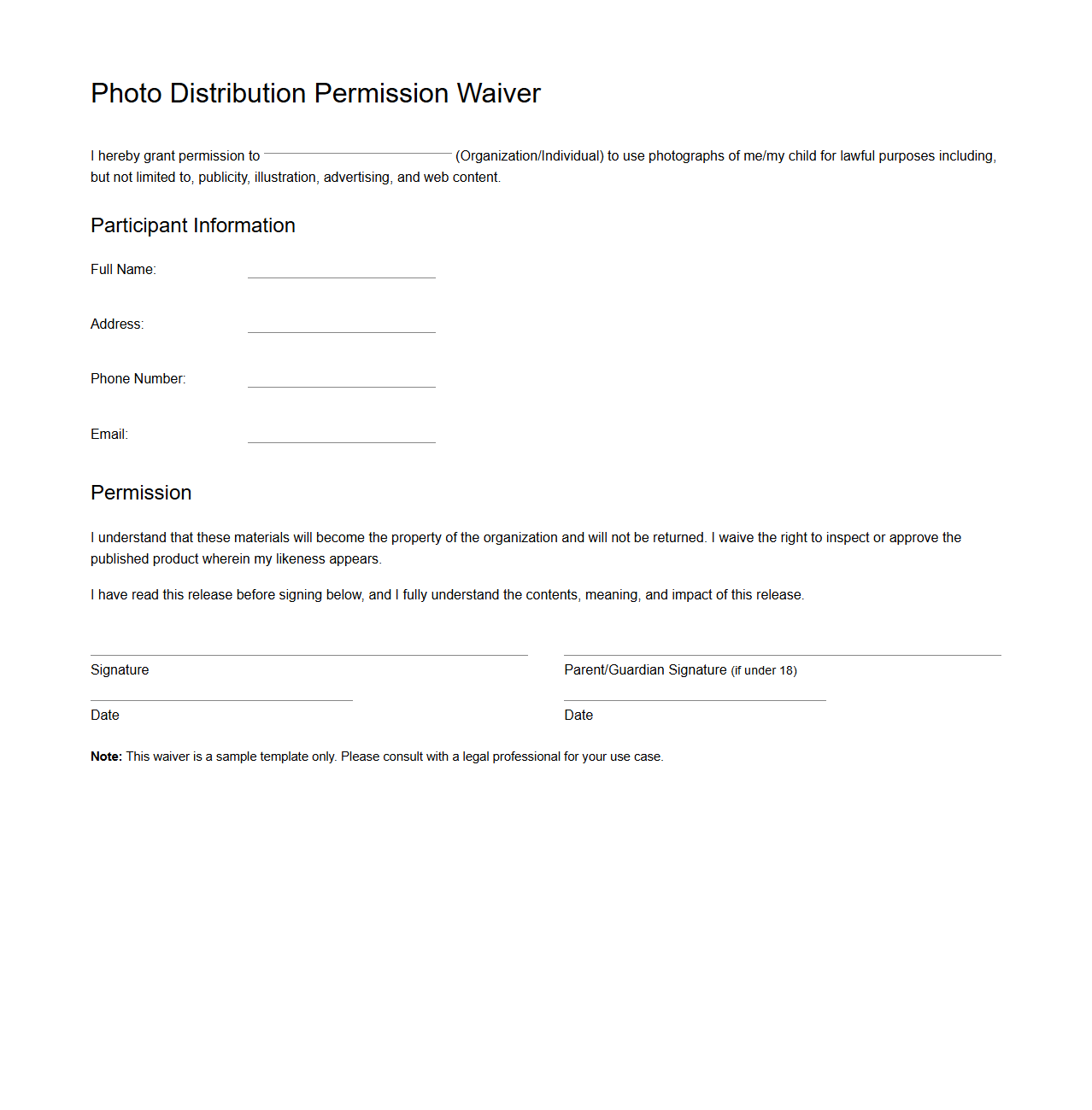 Photo Distribution Permission Waiver Template