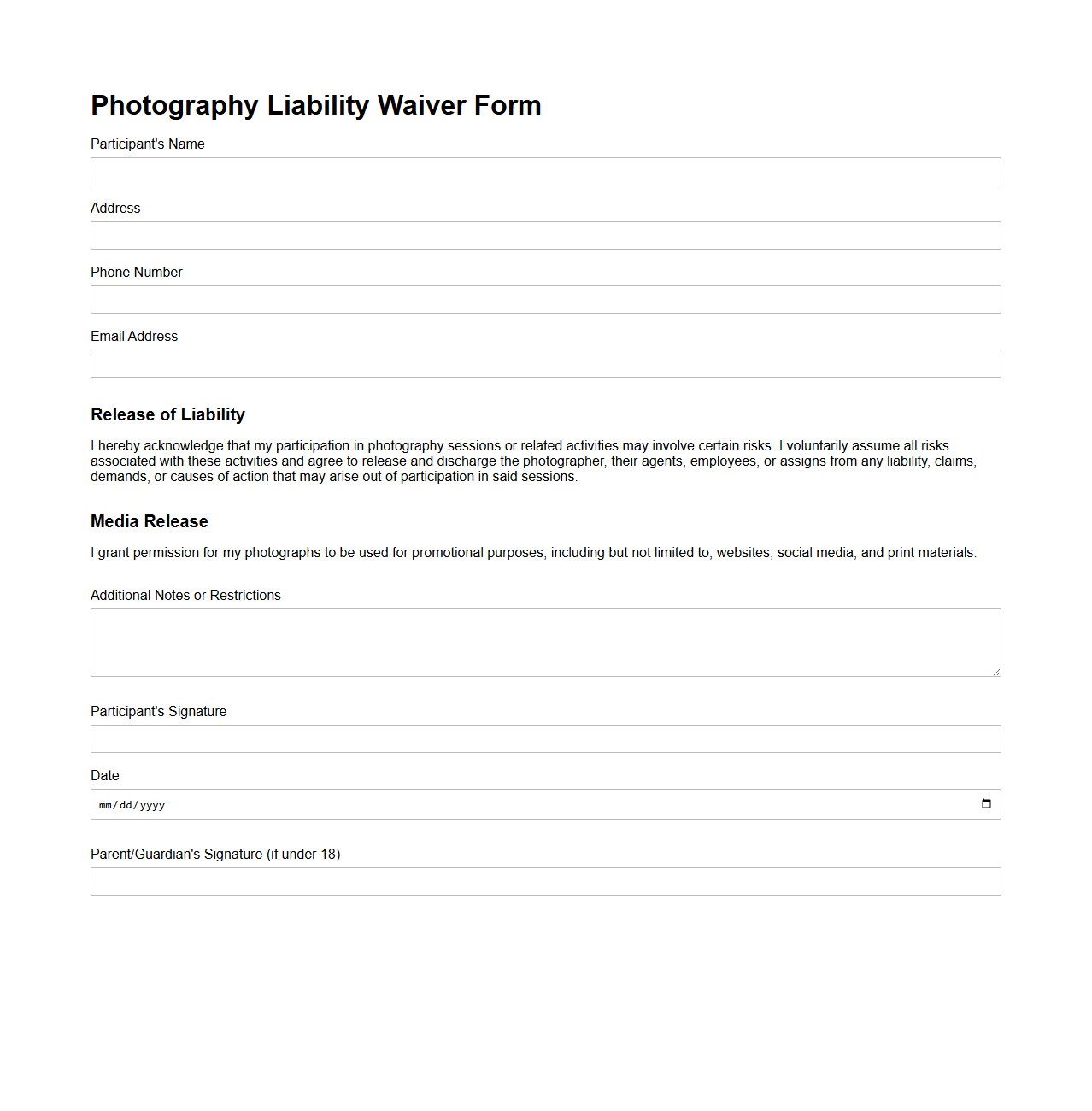 Photography Liability Waiver Form Template