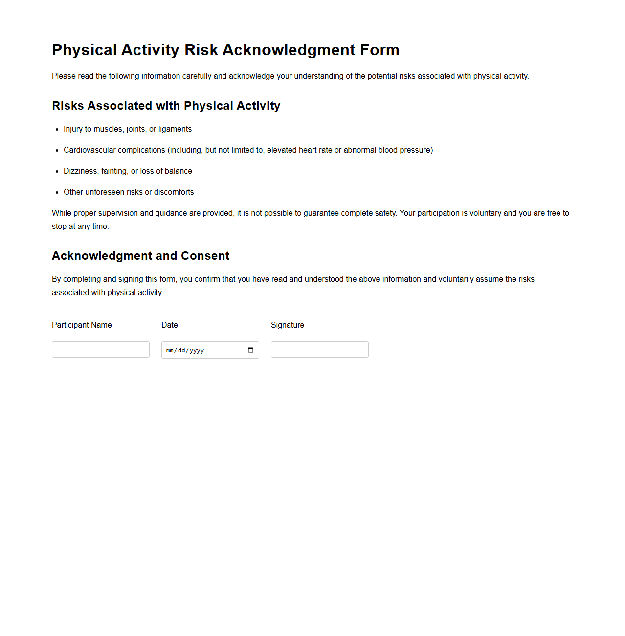 Physical Activity Risk Acknowledgment Form
