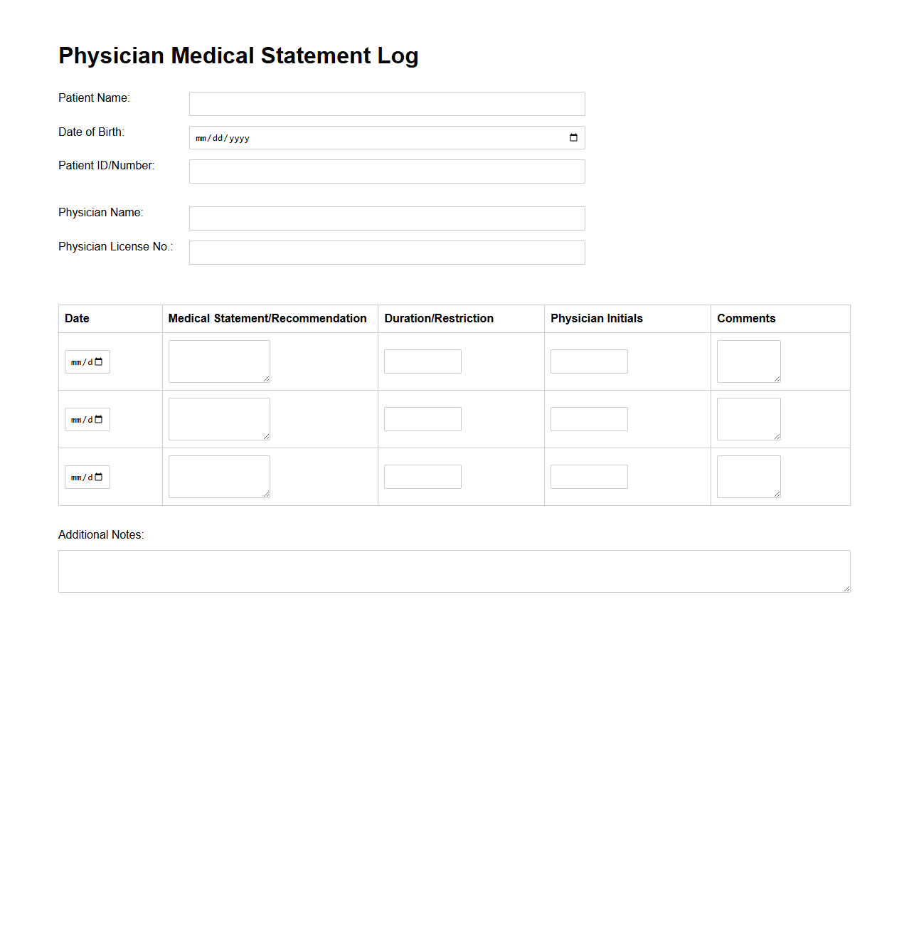 Physician Medical Statement Log Format