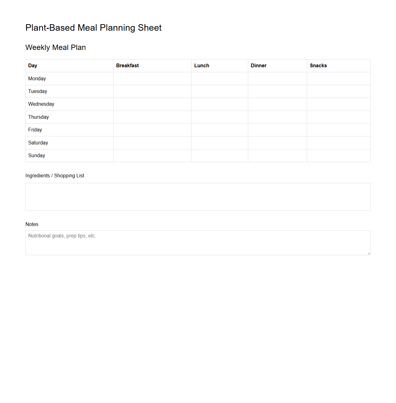 Plant-Based Meal Planning Sheet