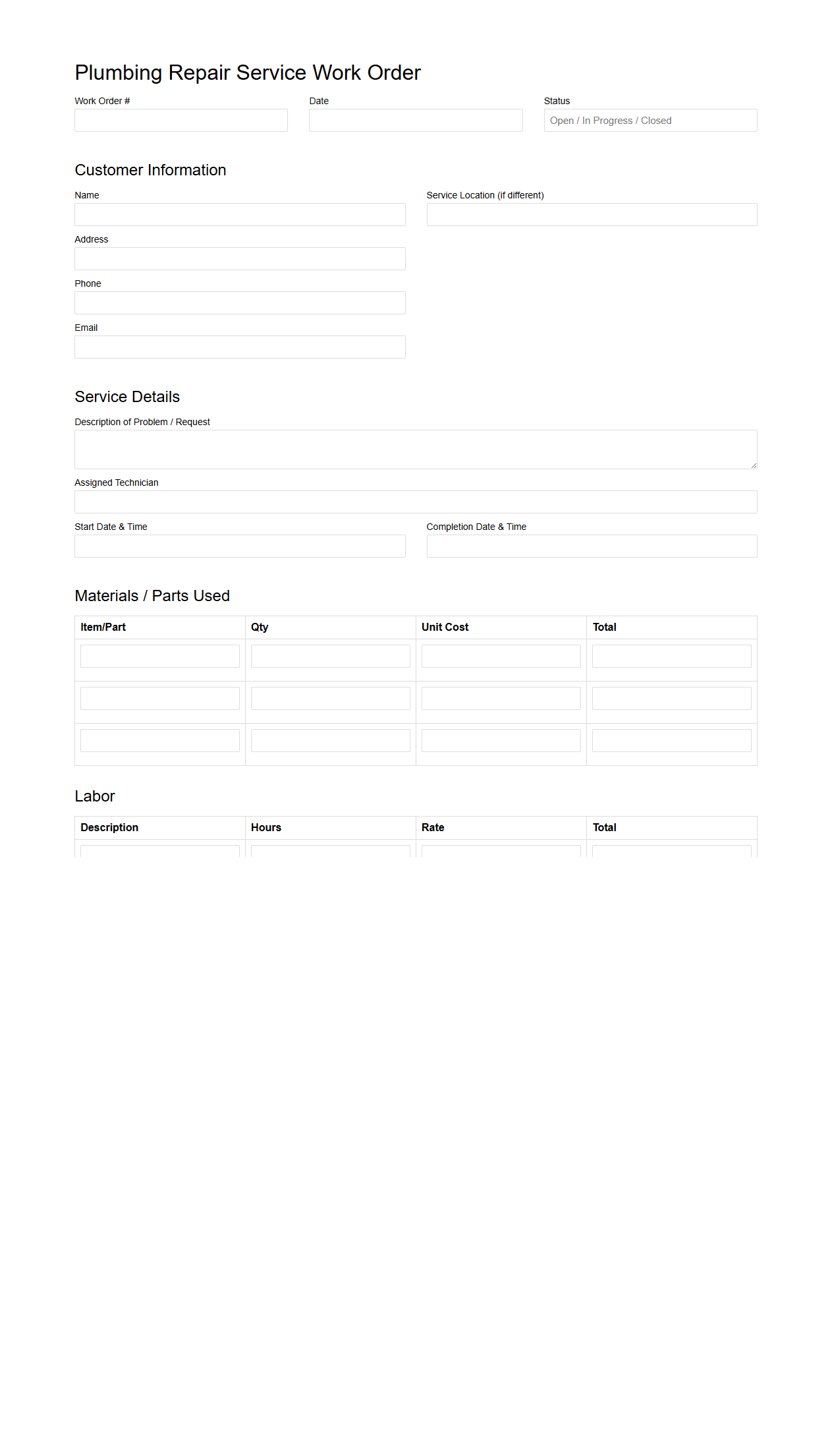 Plumbing Repair Service Work Order Template