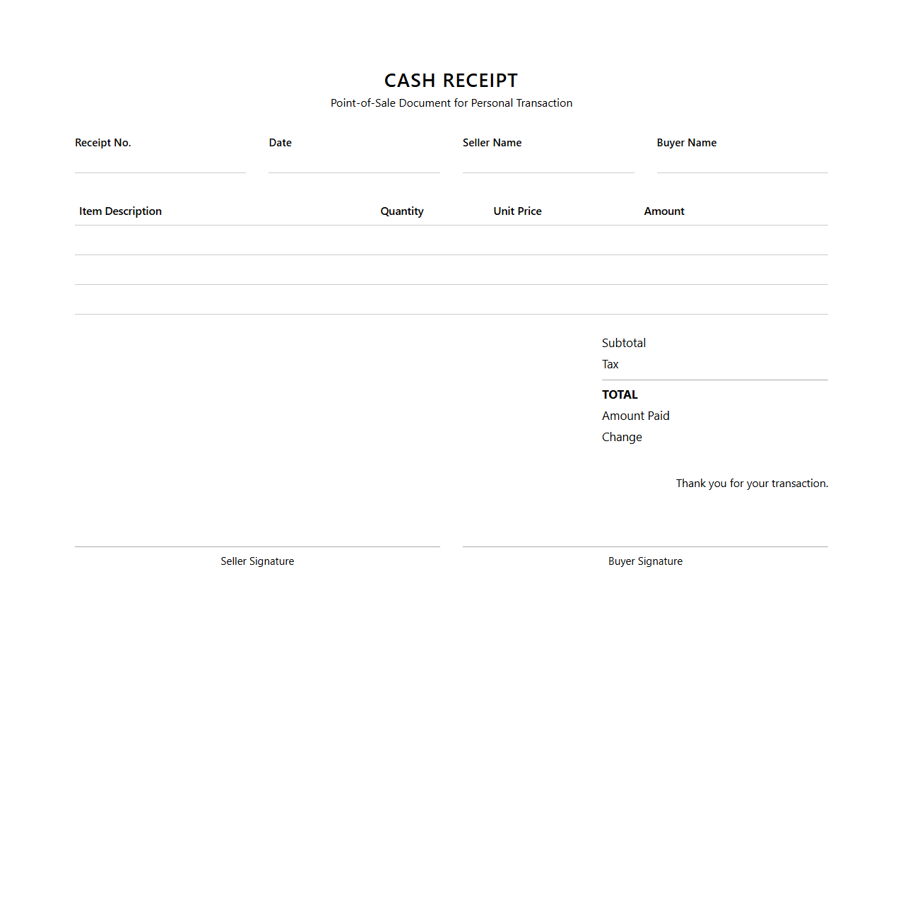 Point-of-Sale Cash Receipt Document for Personal Transactions