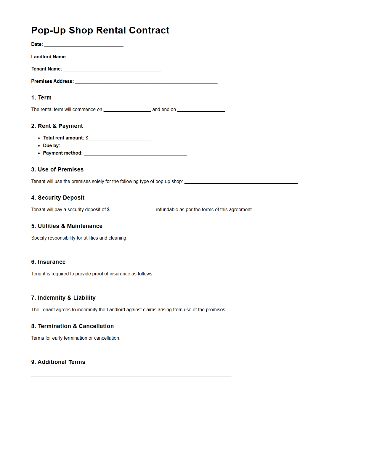Pop-Up Shop Rental Contract Template