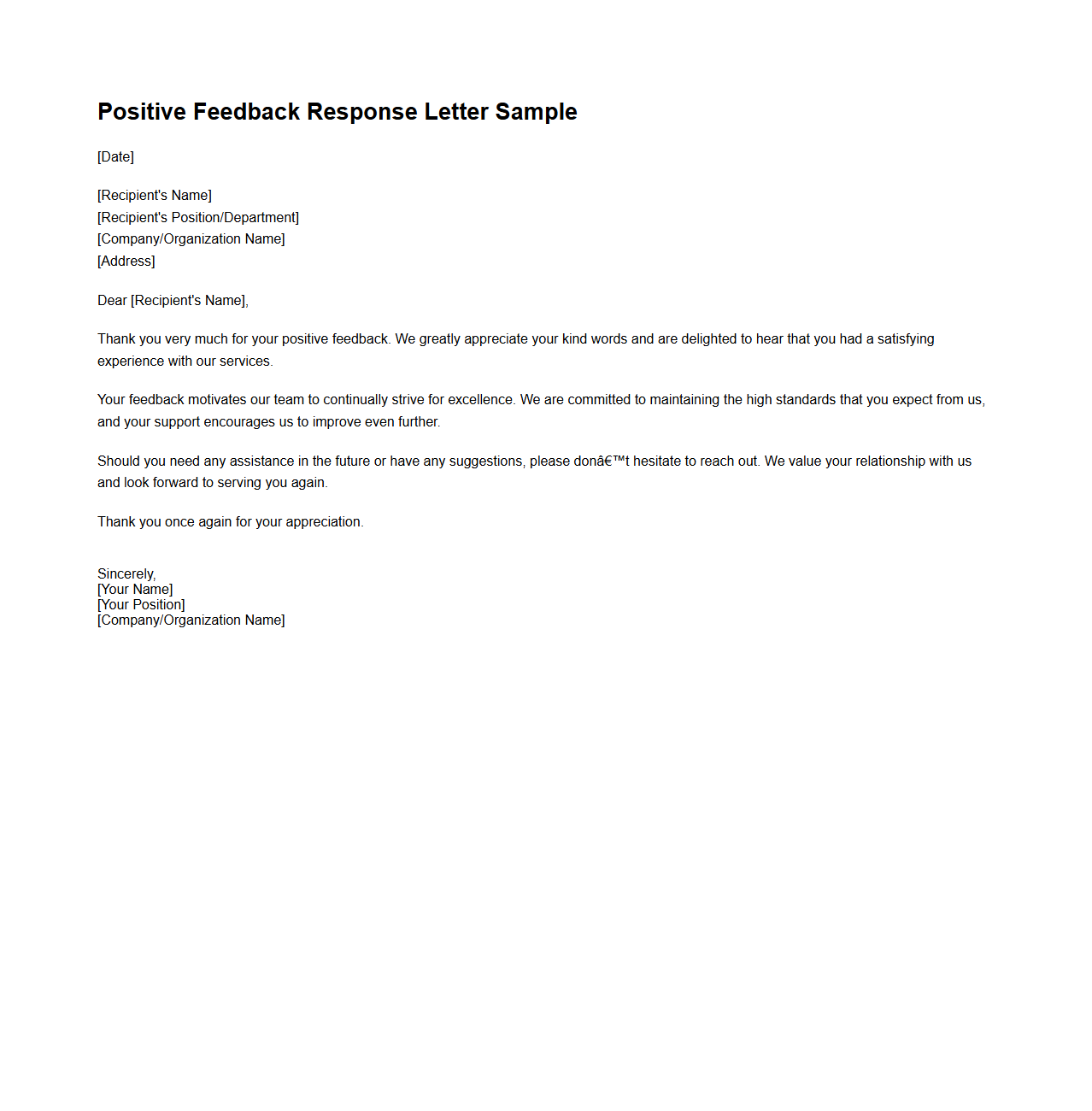 Positive Feedback Response Letter Sample