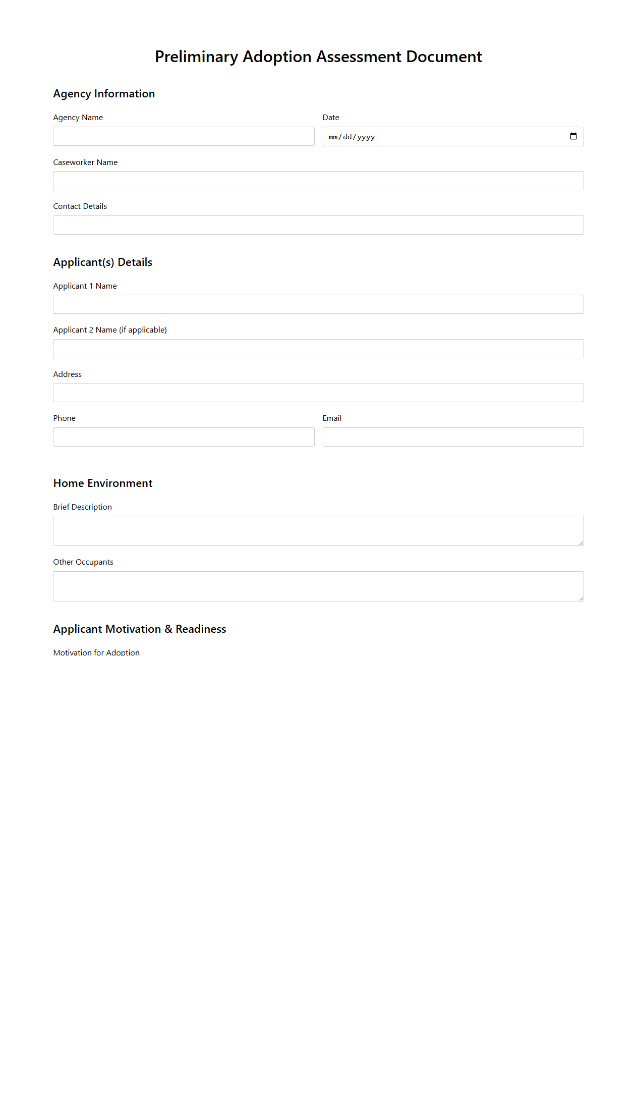 Preliminary Adoption Assessment Document for Agencies
