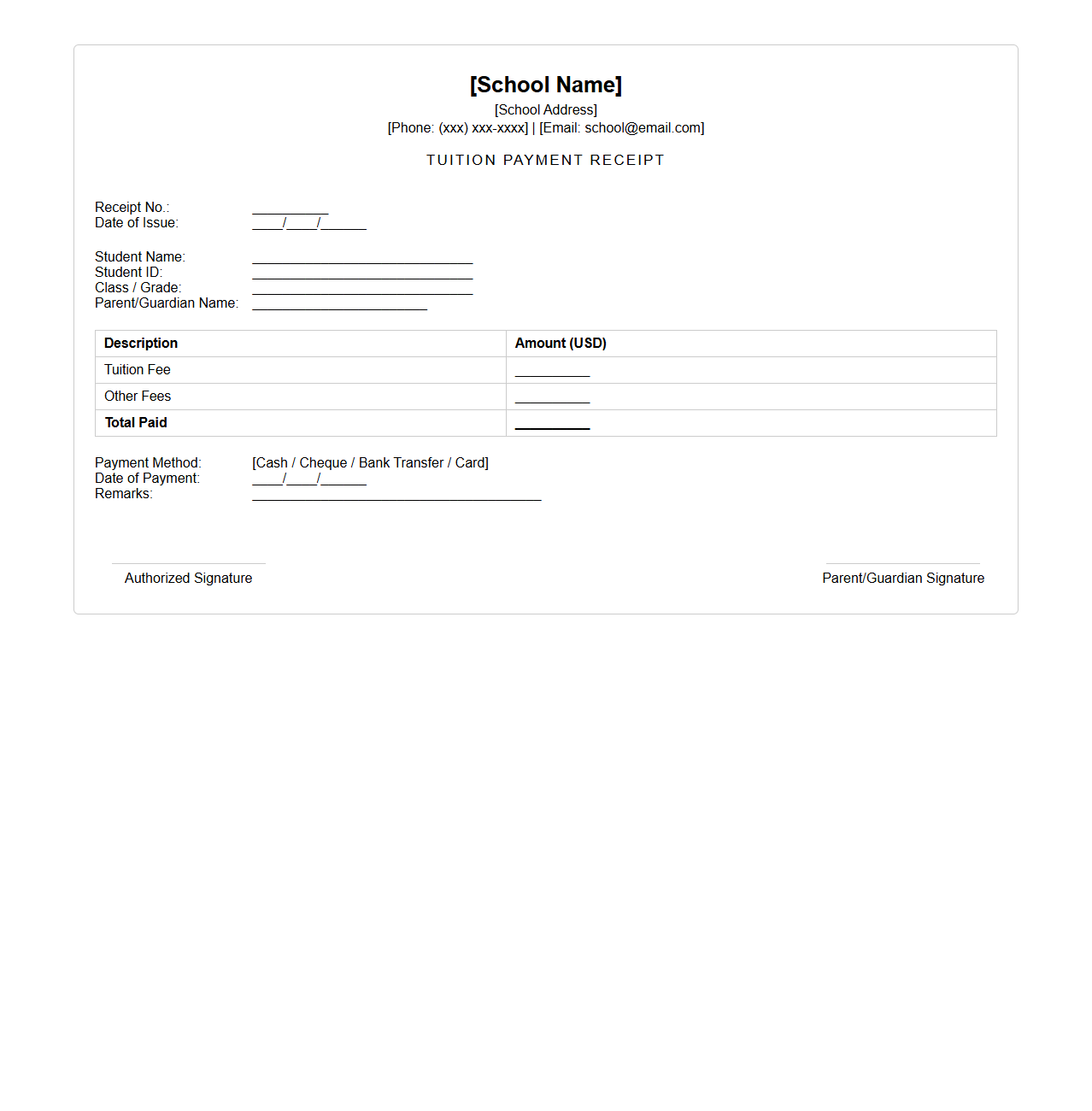 Private School Tuition Paid Receipt Format