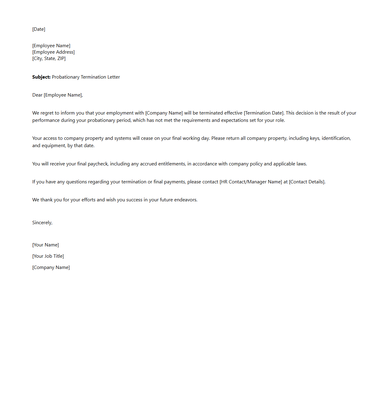 Probationary Termination Letter Template