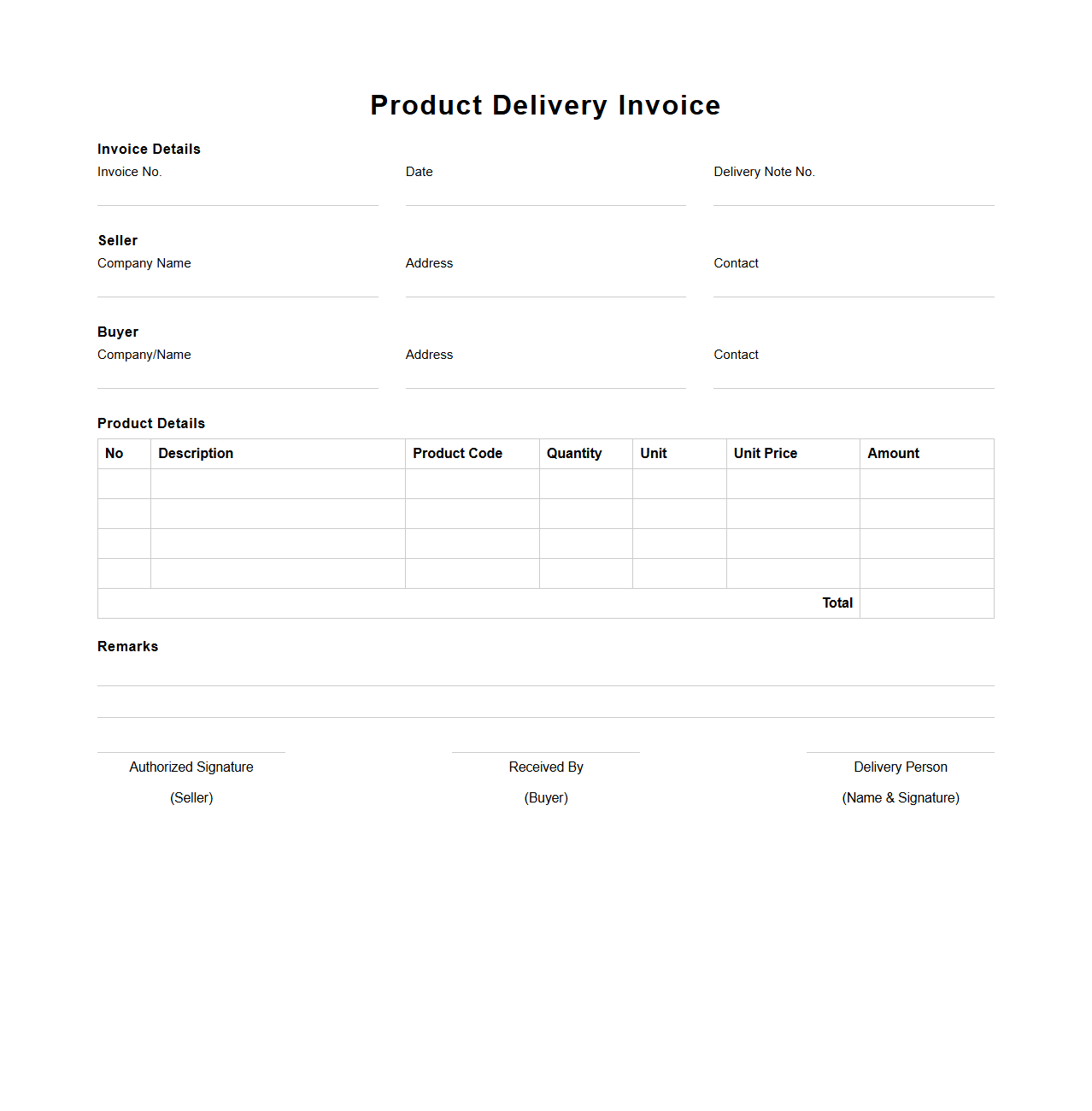 Product Delivery Invoice Blank Format