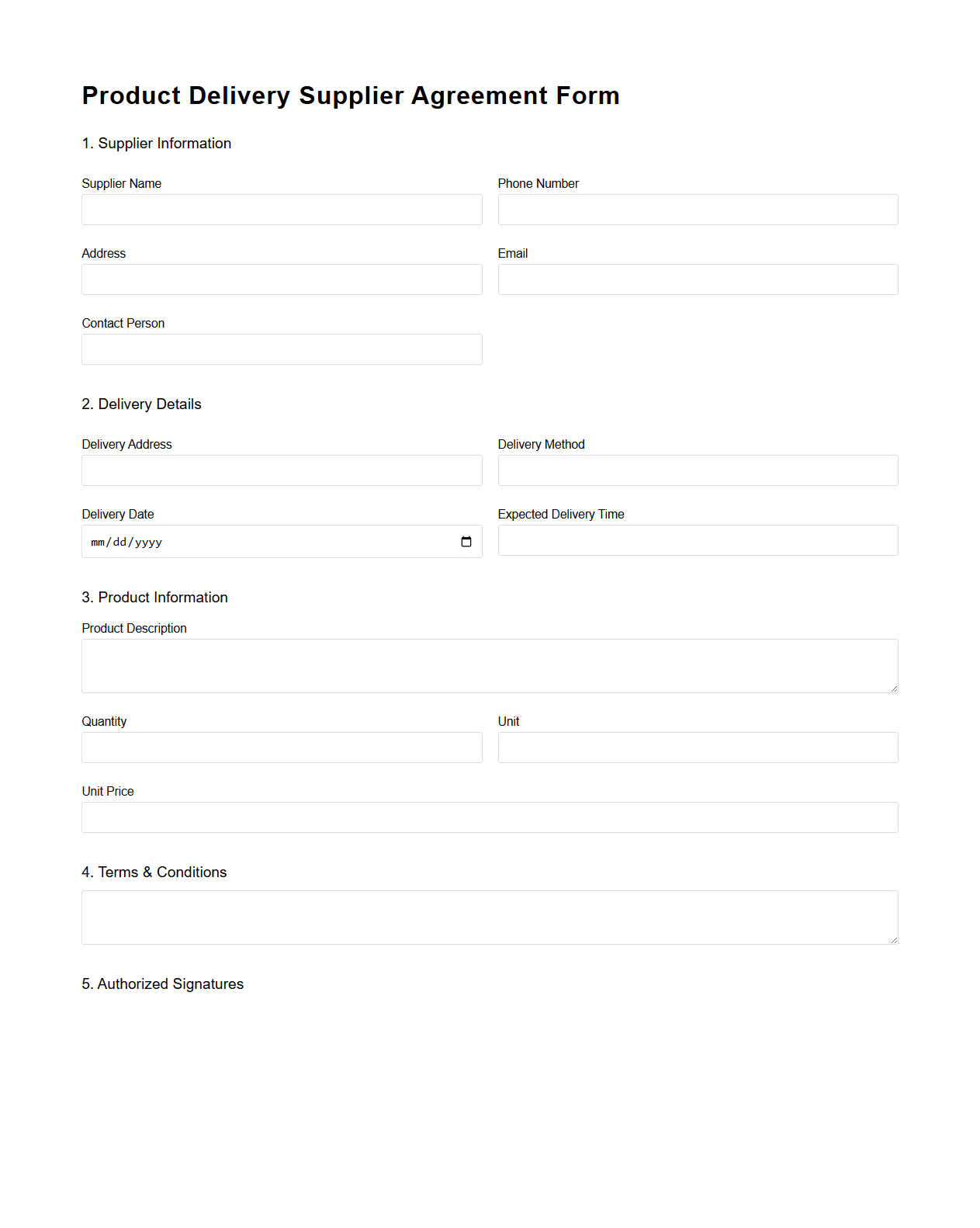 Product Delivery Supplier Agreement Form