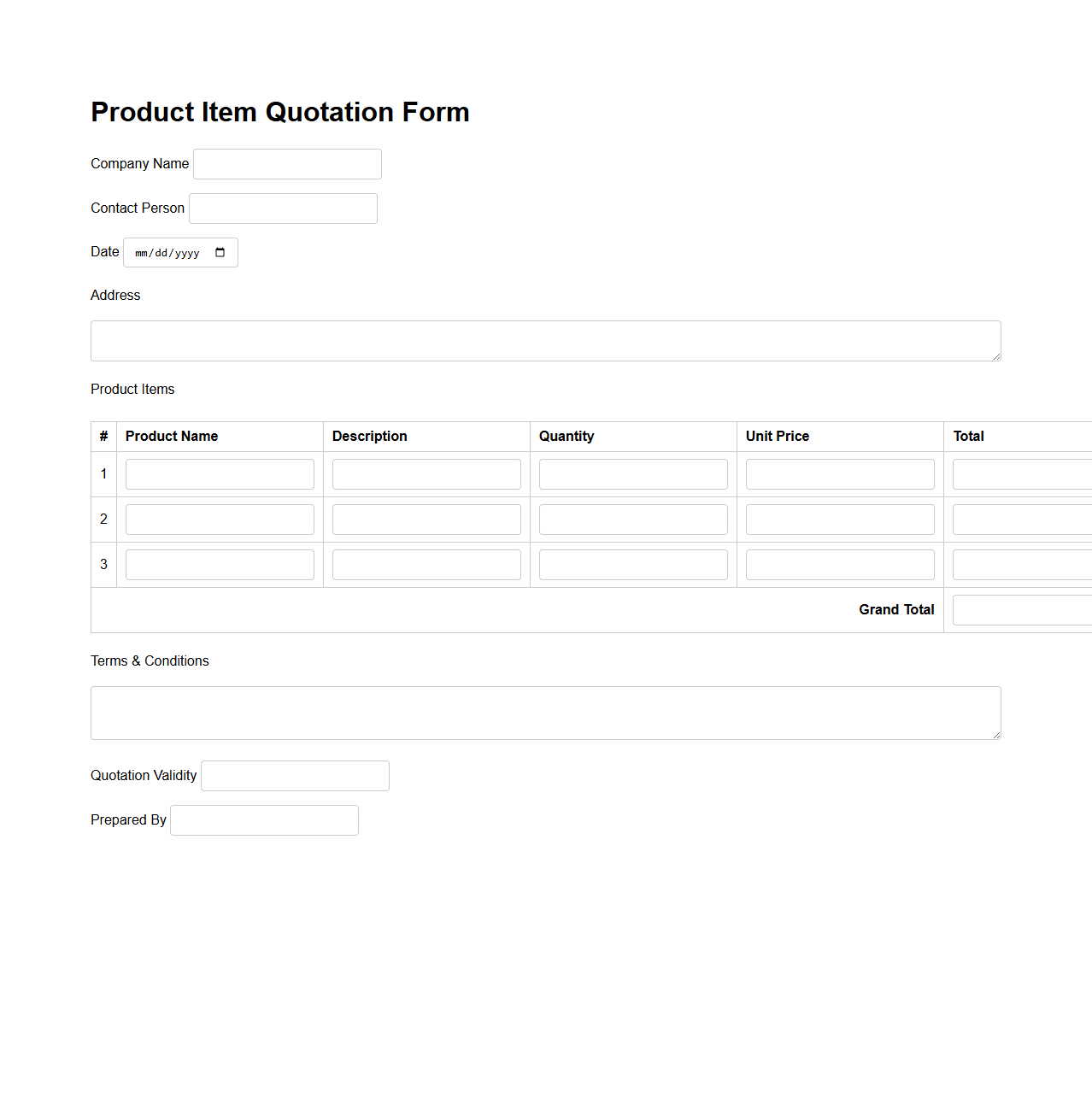 Product Item Quotation Form