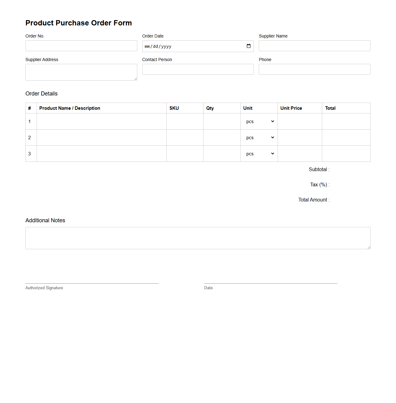Product Purchase Order Form Layout