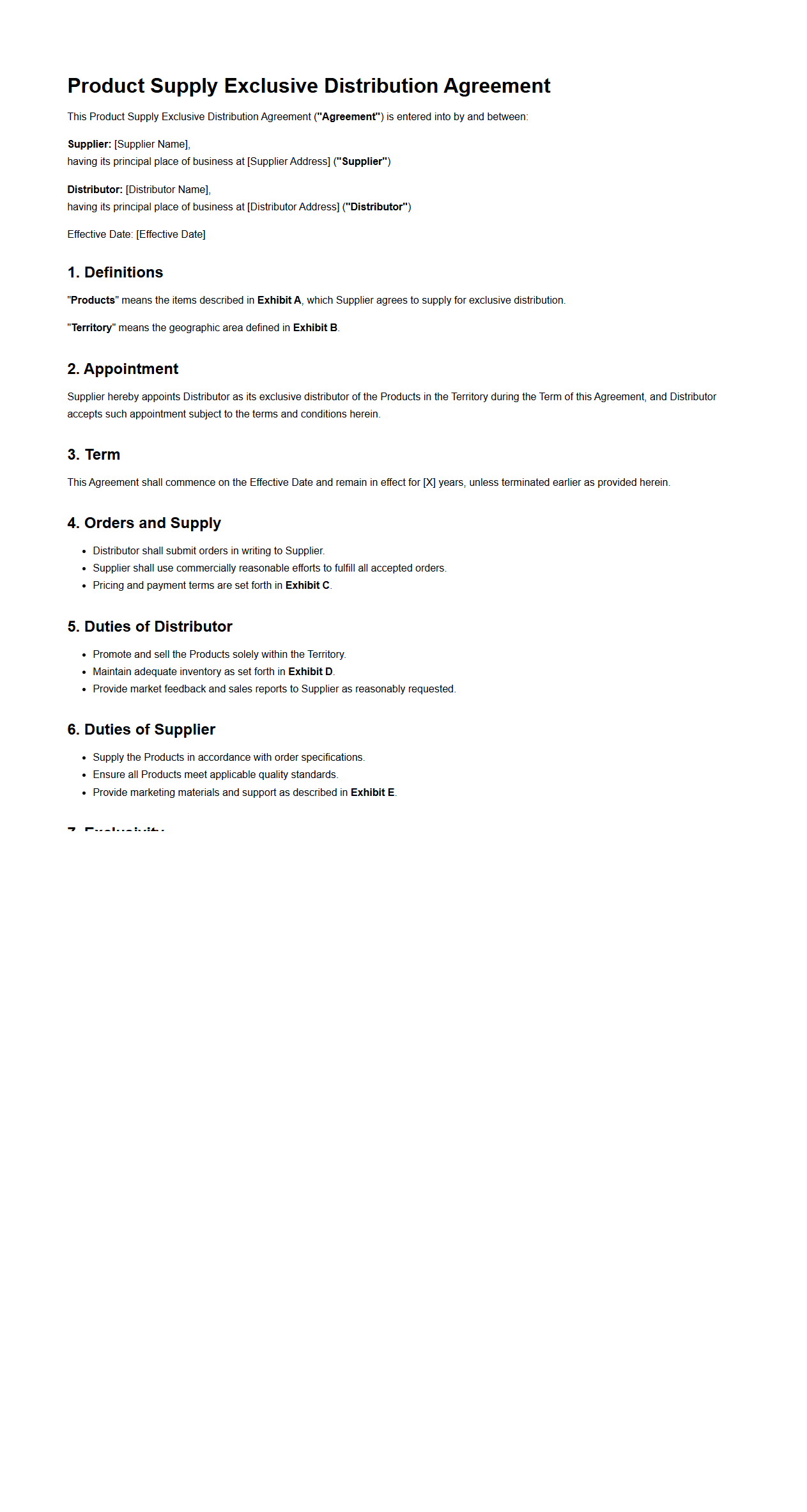 Product Supply Exclusive Distribution Agreement Template