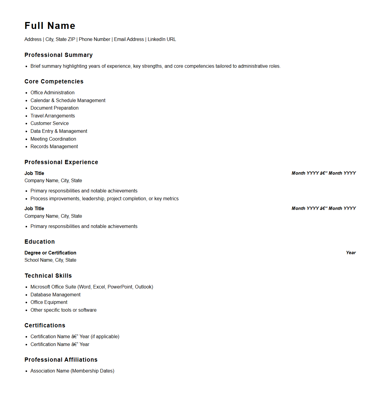 Professional Administrative Resume Outline