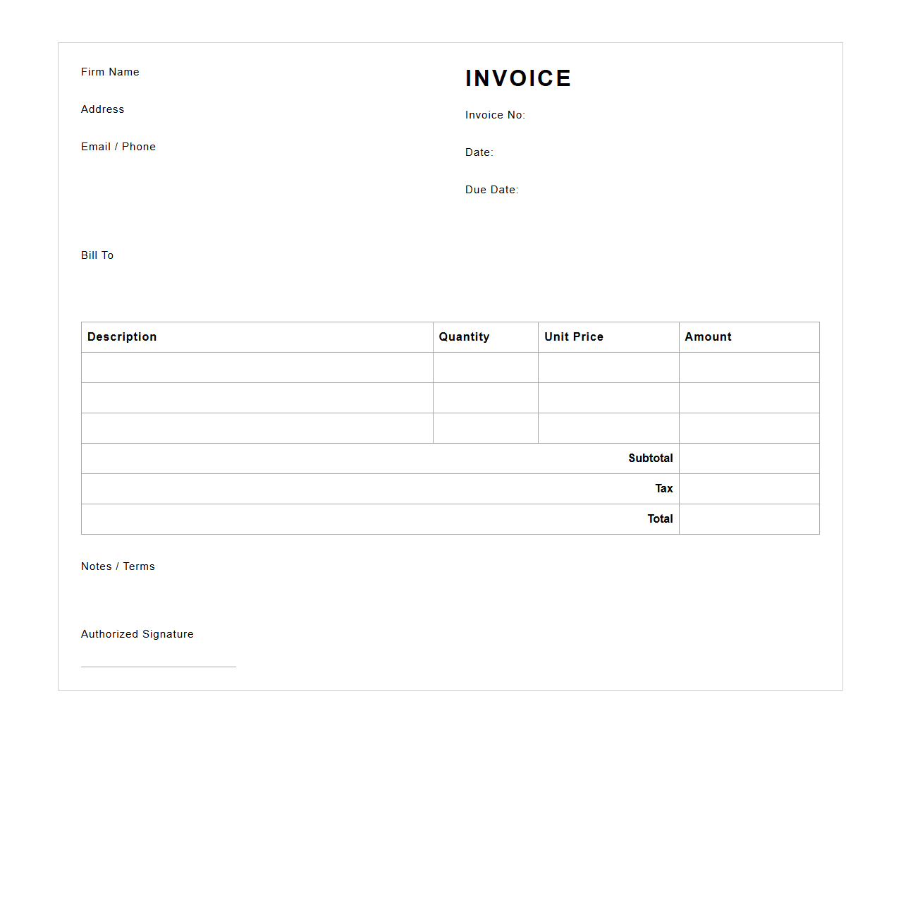 Professional Blank Invoice Format for Small Firms