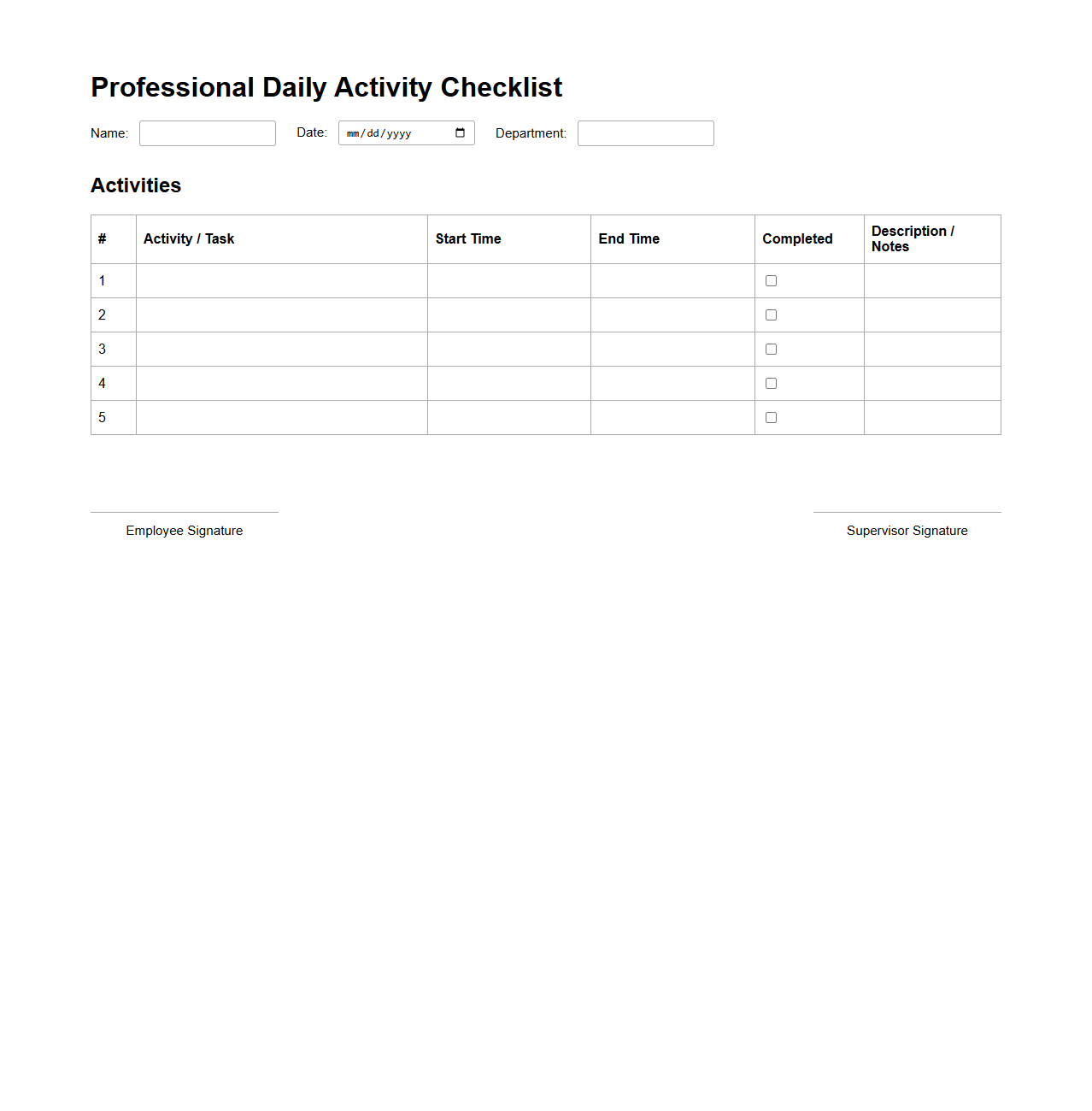 Professional Daily Activity Checklist Version