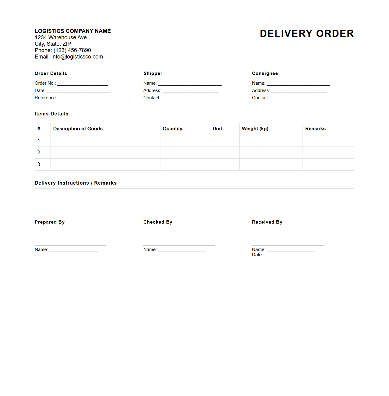Professional Delivery Order Template for Logistics Companies