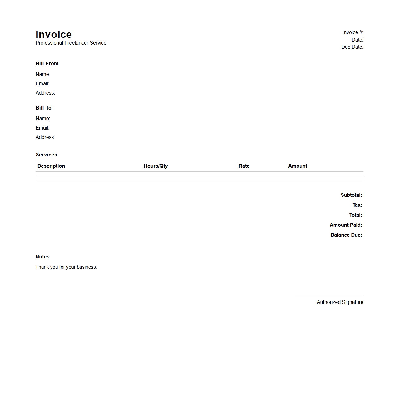Professional Freelancer Service Invoice