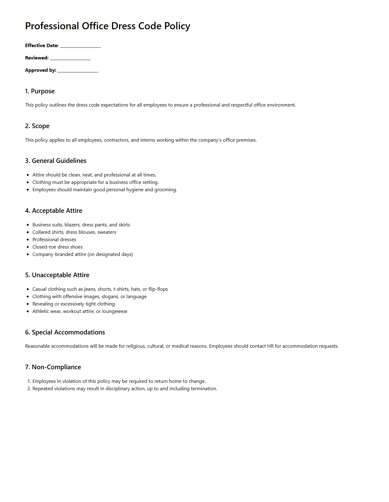 Professional Office Dress Code Policy Template