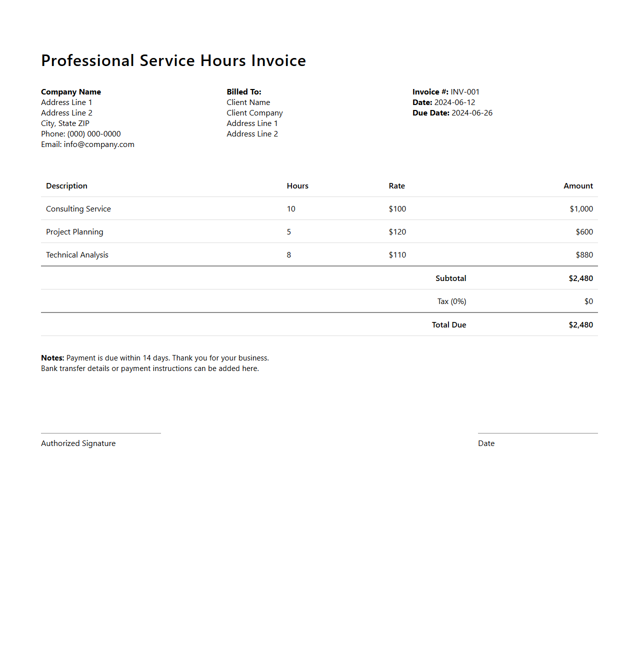Professional Service Hours Invoice
