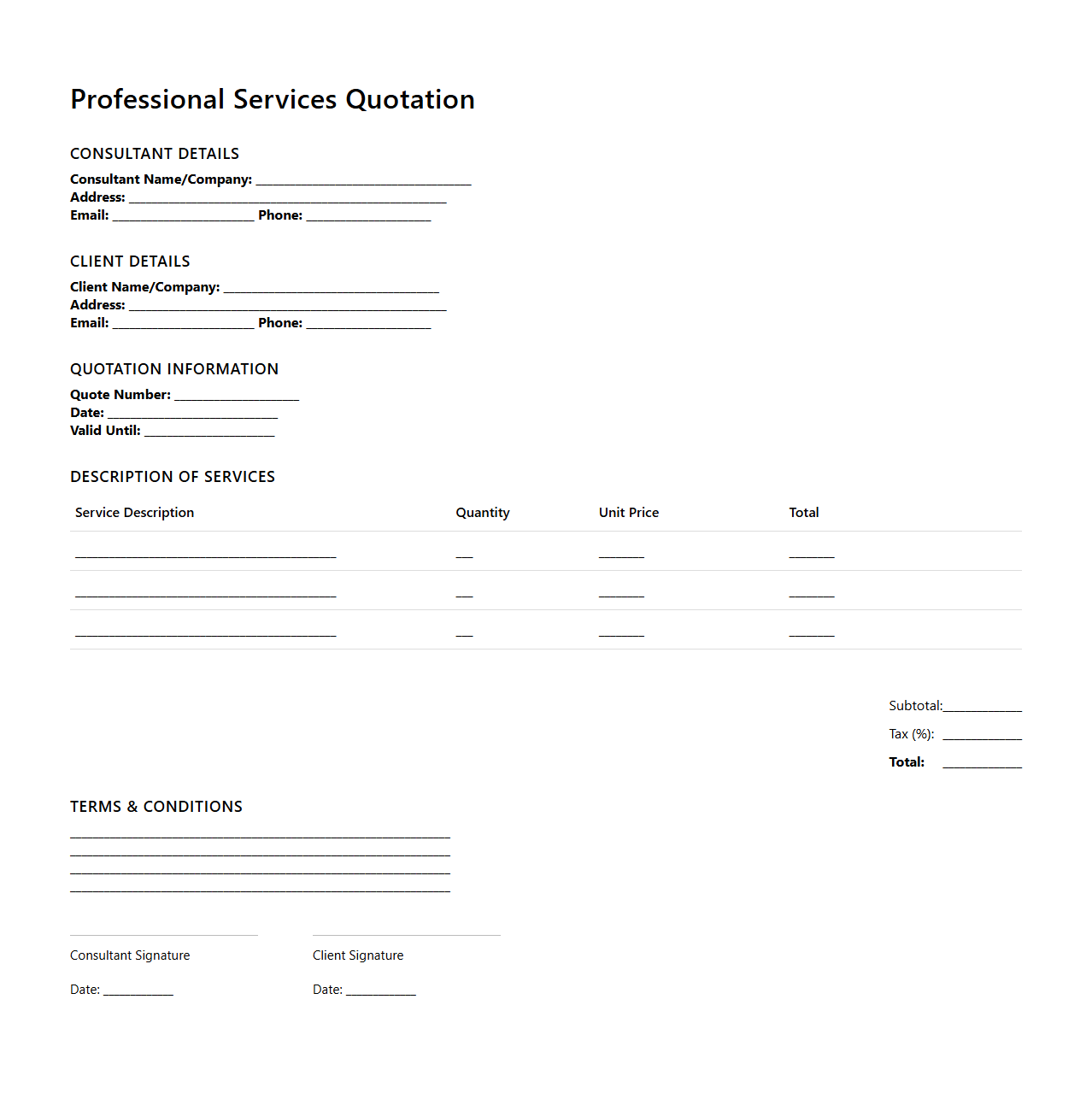 Professional Services Quotation Template for Consultants