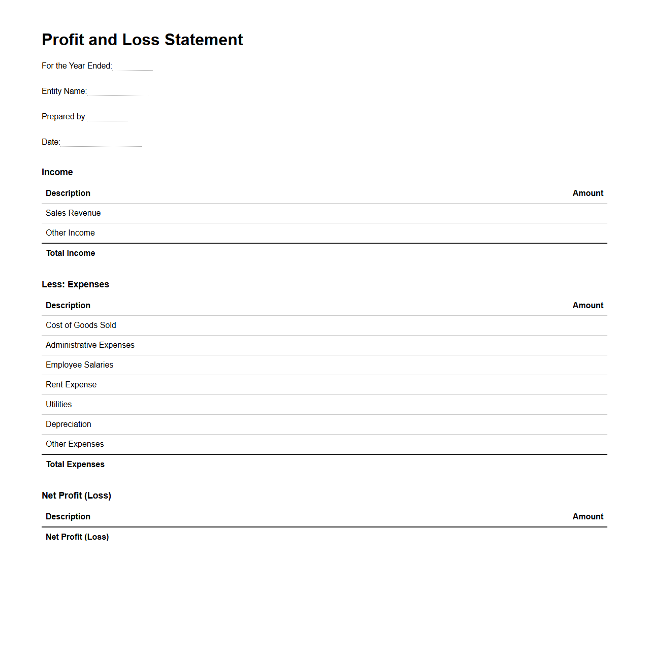 Profit and Loss Statement Template for Entities