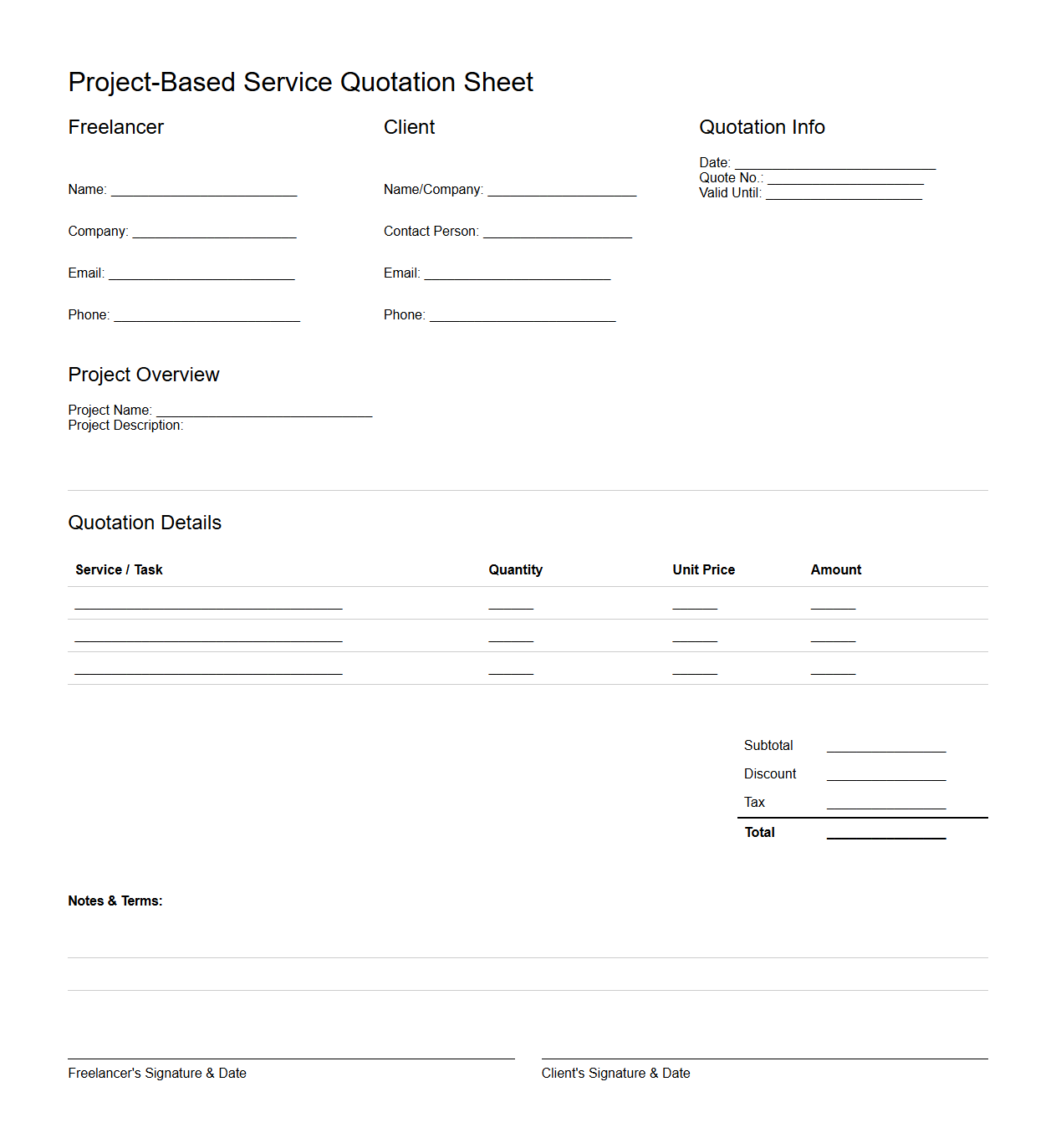 Project-Based Service Quotation Sheet for Freelancers