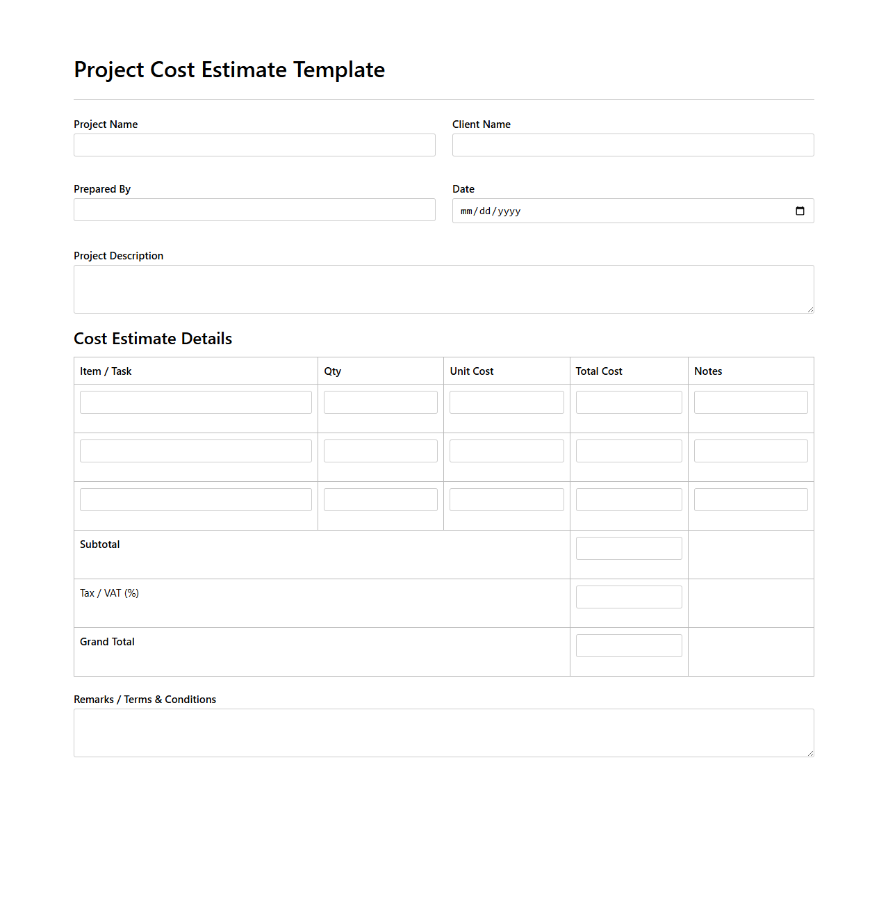 Project Cost Estimate Template for Contractors