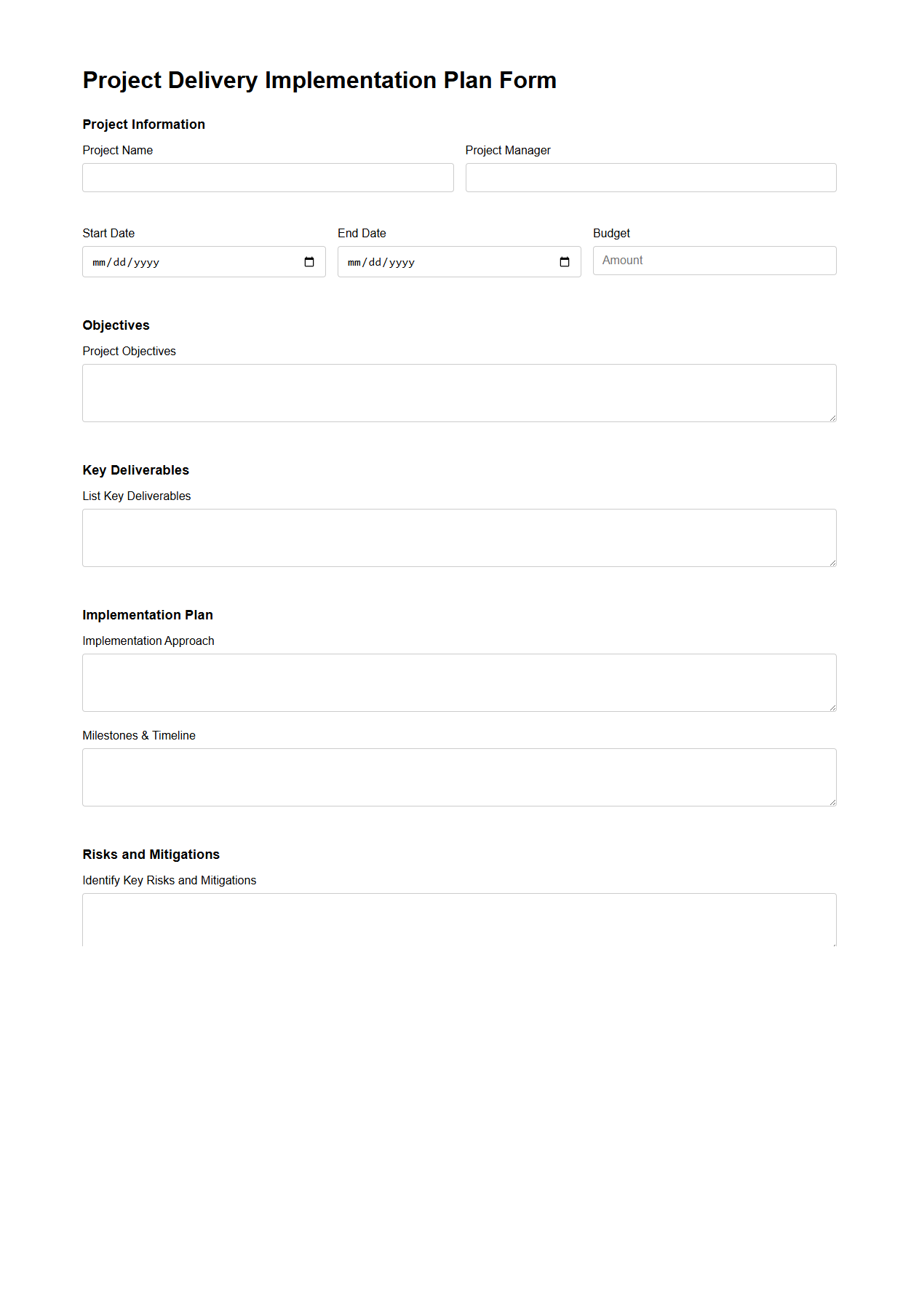 Project Delivery Implementation Plan Form